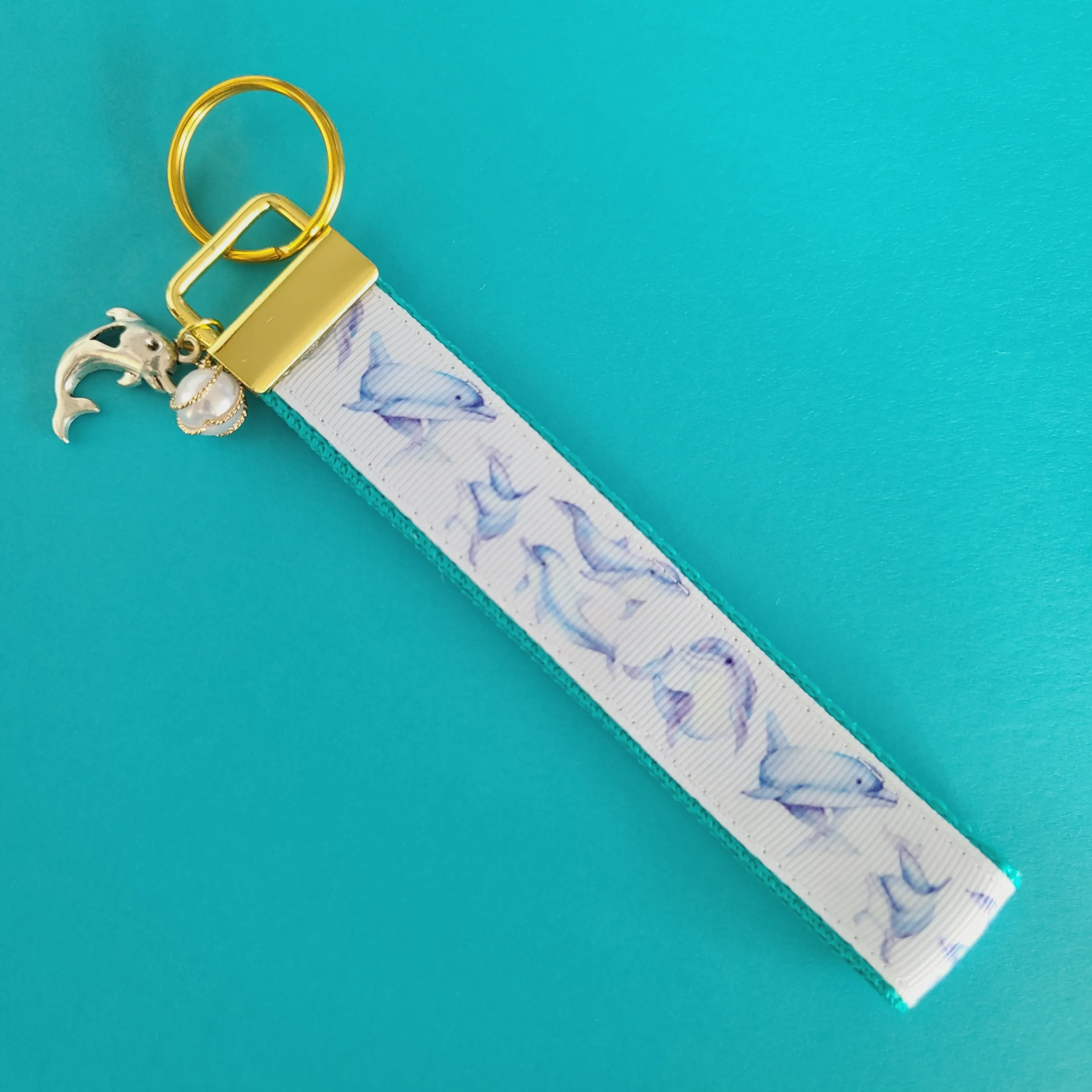 Dolphins in Watercolor on Yellow Gold Key Chain Fob with Gold Dolphin Charm