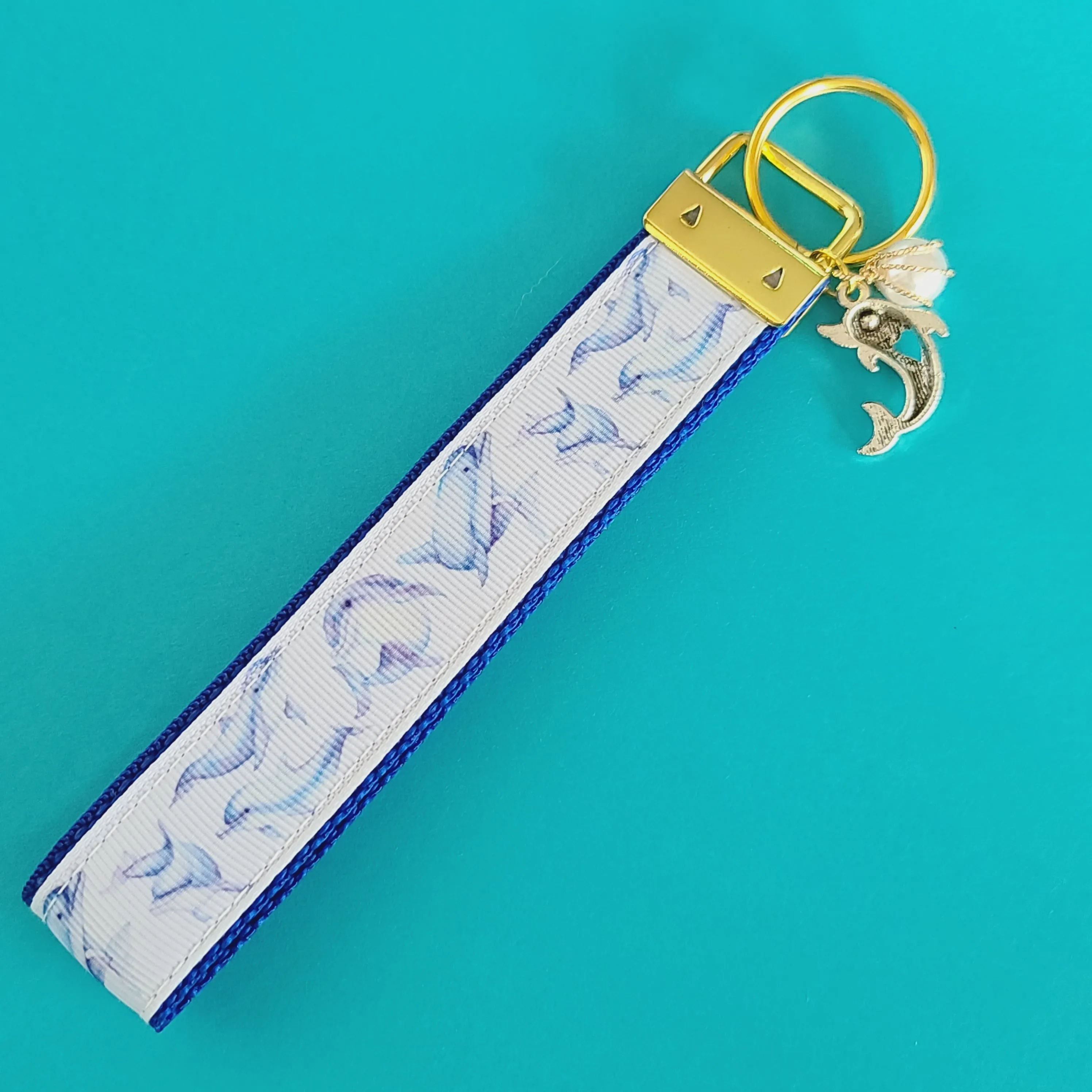 Dolphins in Watercolor on Yellow Gold Key Chain Fob with Gold Dolphin Charm