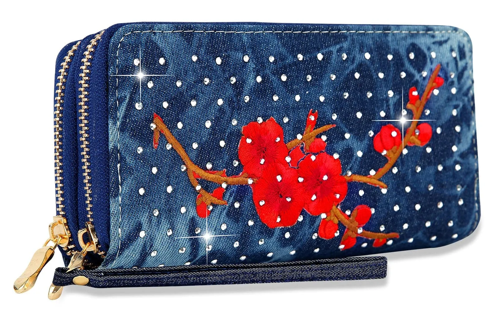 Dual Zip Rhinestone Denim Wristlet Wallet