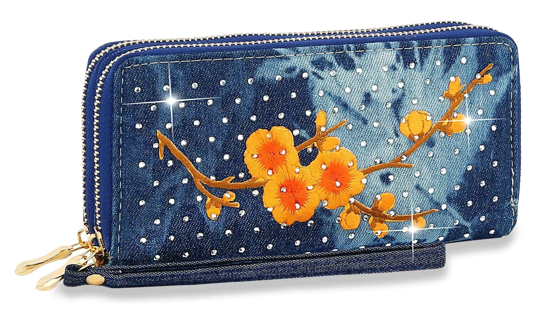 Dual Zip Rhinestone Denim Wristlet Wallet
