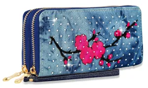 Dual Zip Rhinestone Denim Wristlet Wallet