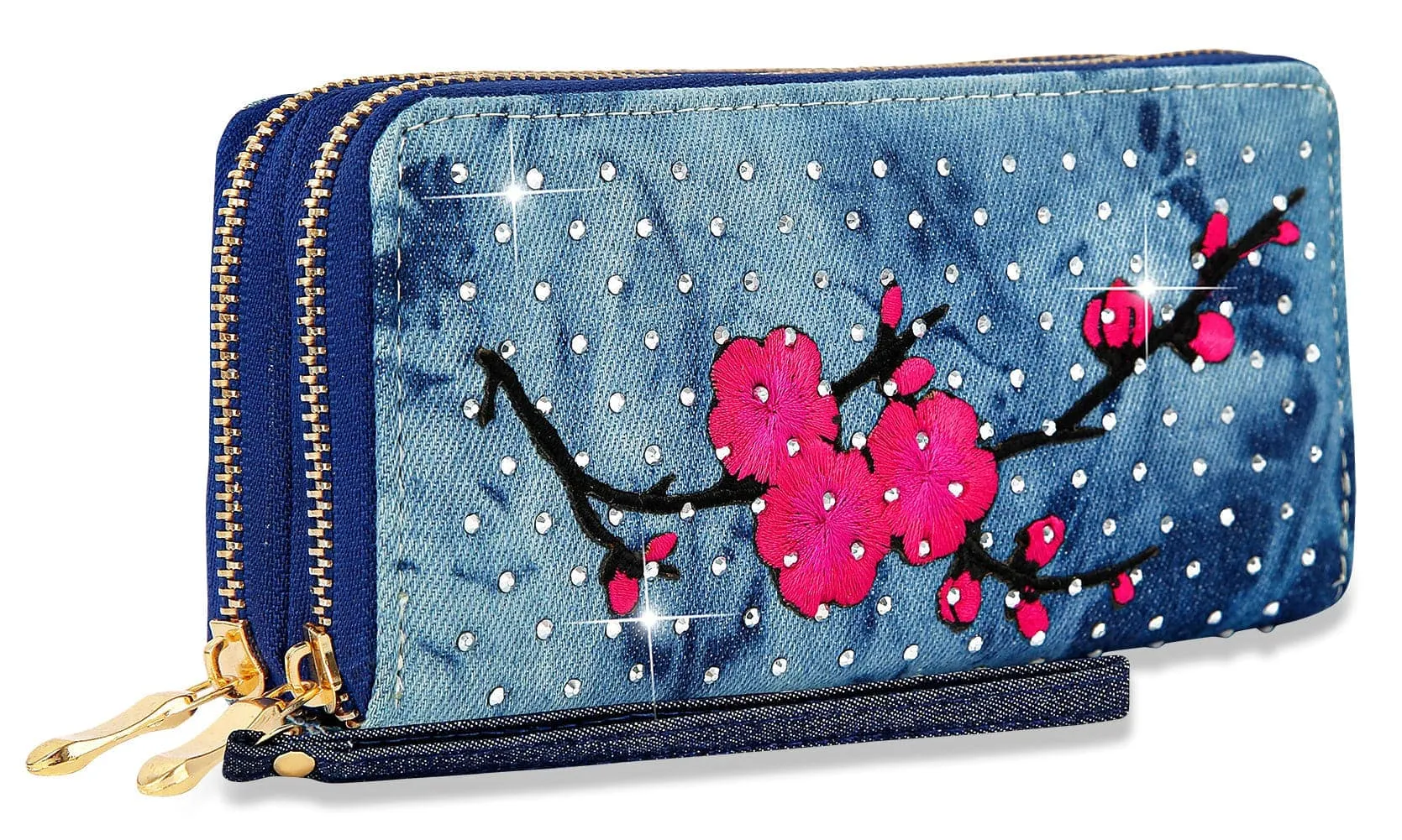 Dual Zip Rhinestone Denim Wristlet Wallet