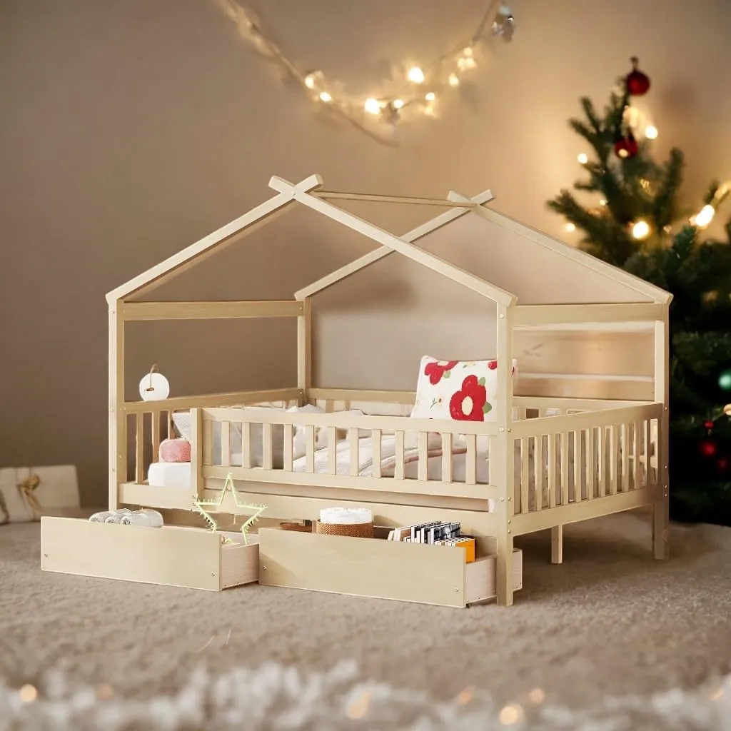 Elegant Design Full Size Daybed Wood Bed Kids with Two Drawers Brown