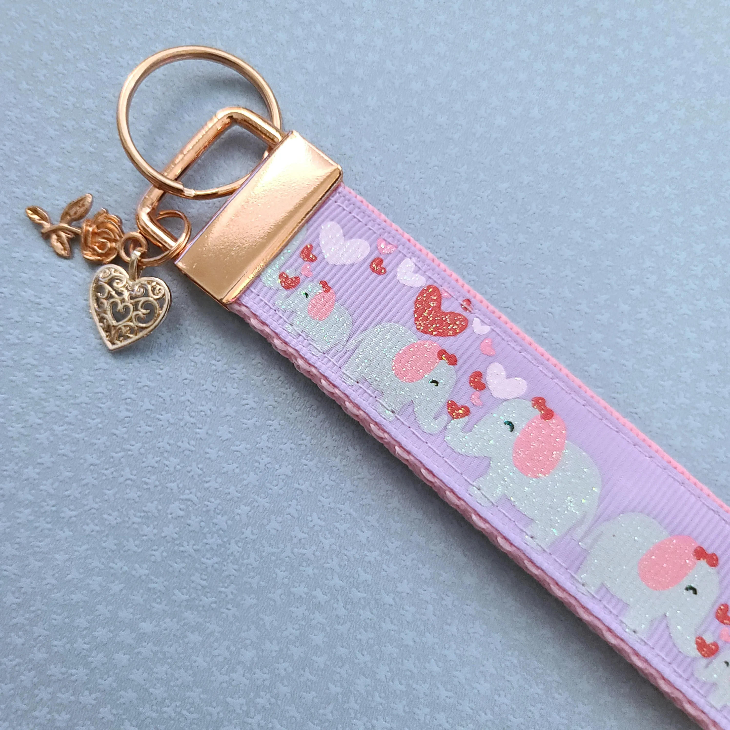 Elephant Mommy & Baby Love Sparkles on Rose Gold Key Chain Fob with Rose Charm