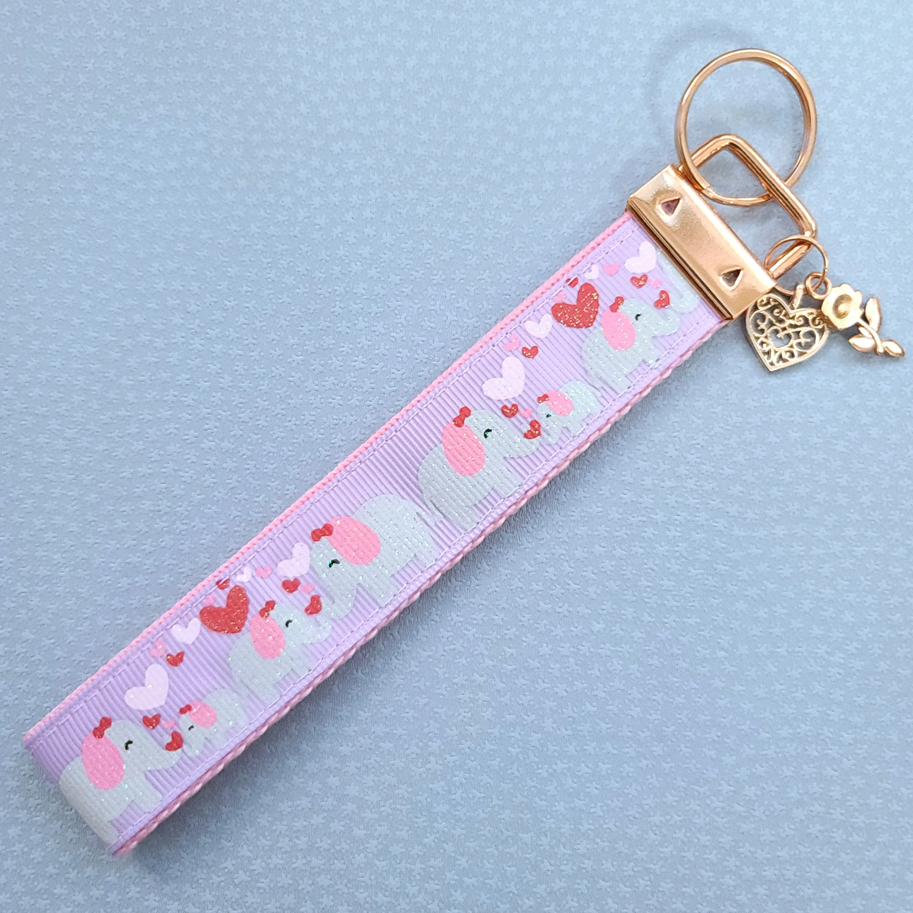 Elephant Mommy & Baby Love Sparkles on Rose Gold Key Chain Fob with Rose Charm