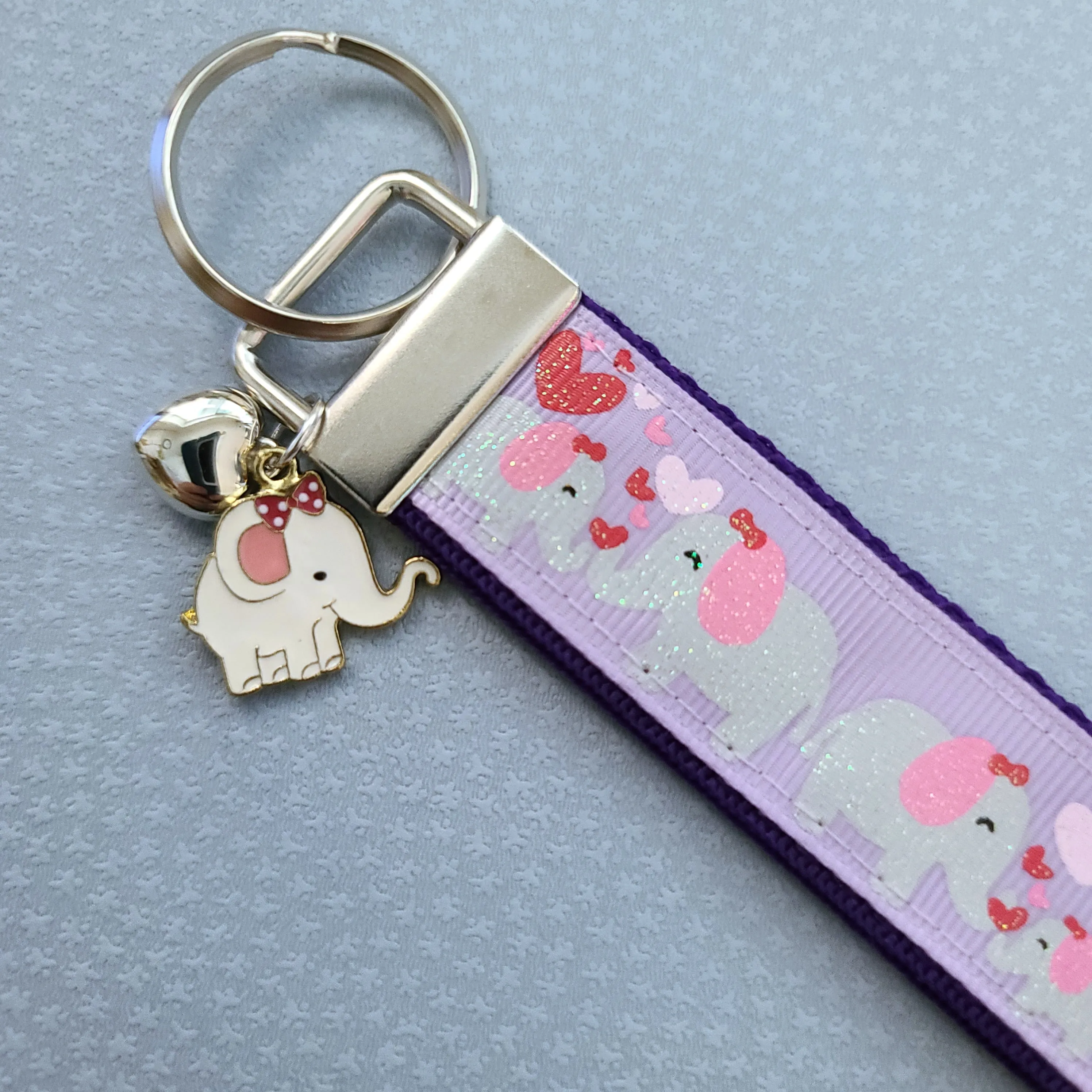 Elephant Mommy & Baby Love Sparkles on Rose Gold Key Chain Fob with Rose Charm