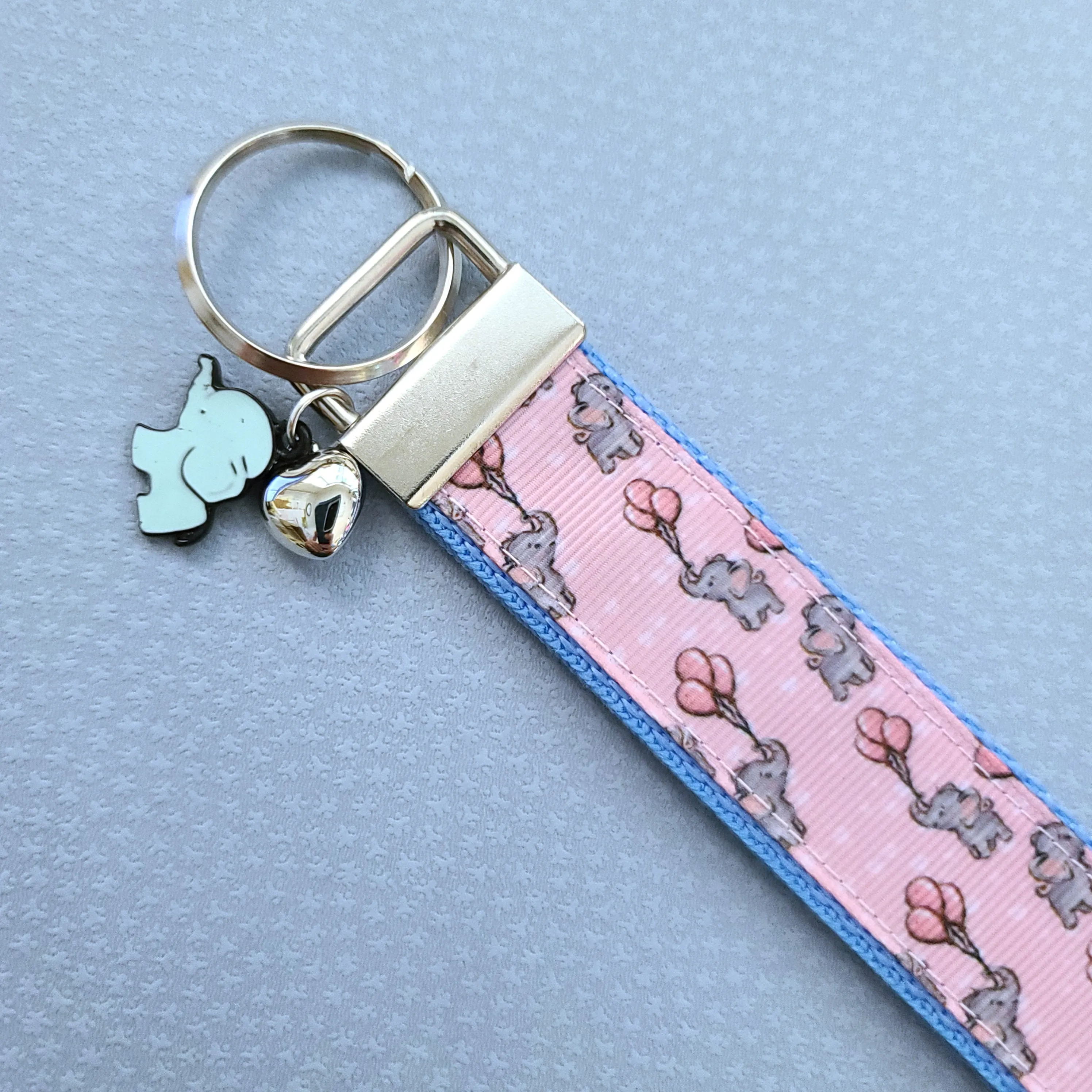 Elephants with Balloons on Silver Key Chain Fob with Enameled Elephant Charm