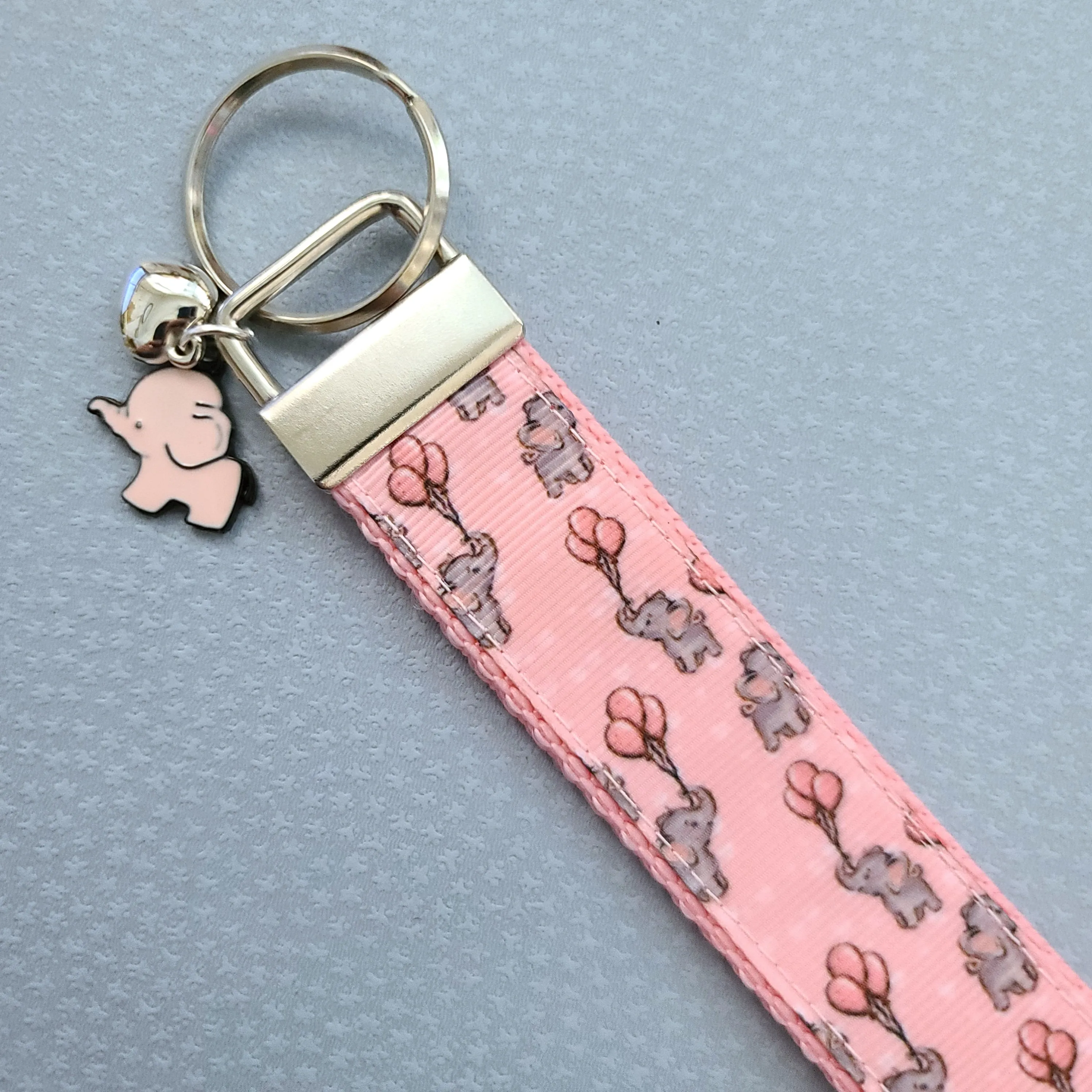 Elephants with Balloons on Silver Key Chain Fob with Enameled Elephant Charm