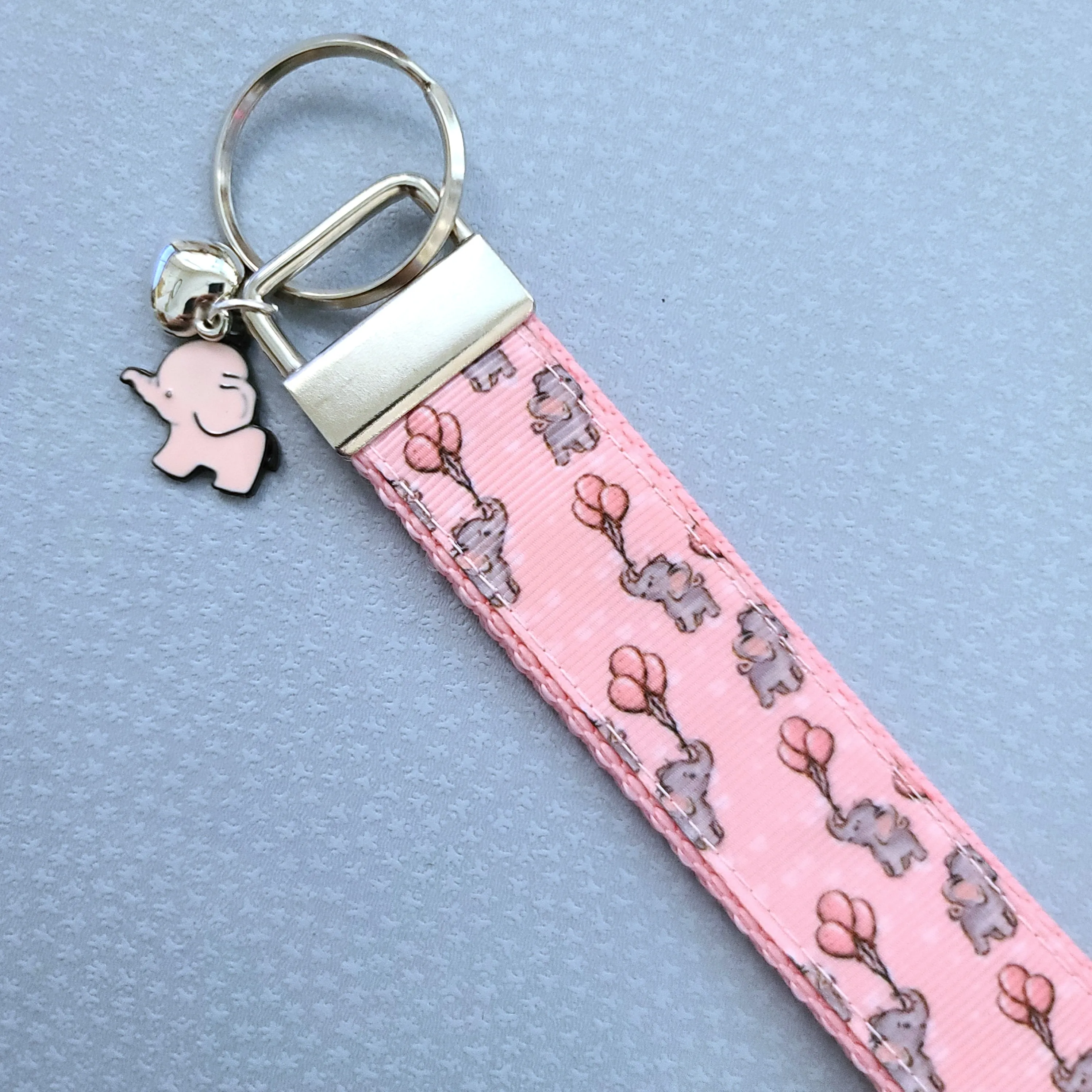 Elephants with Balloons on Silver Key Chain Fob with Enameled Elephant Charm