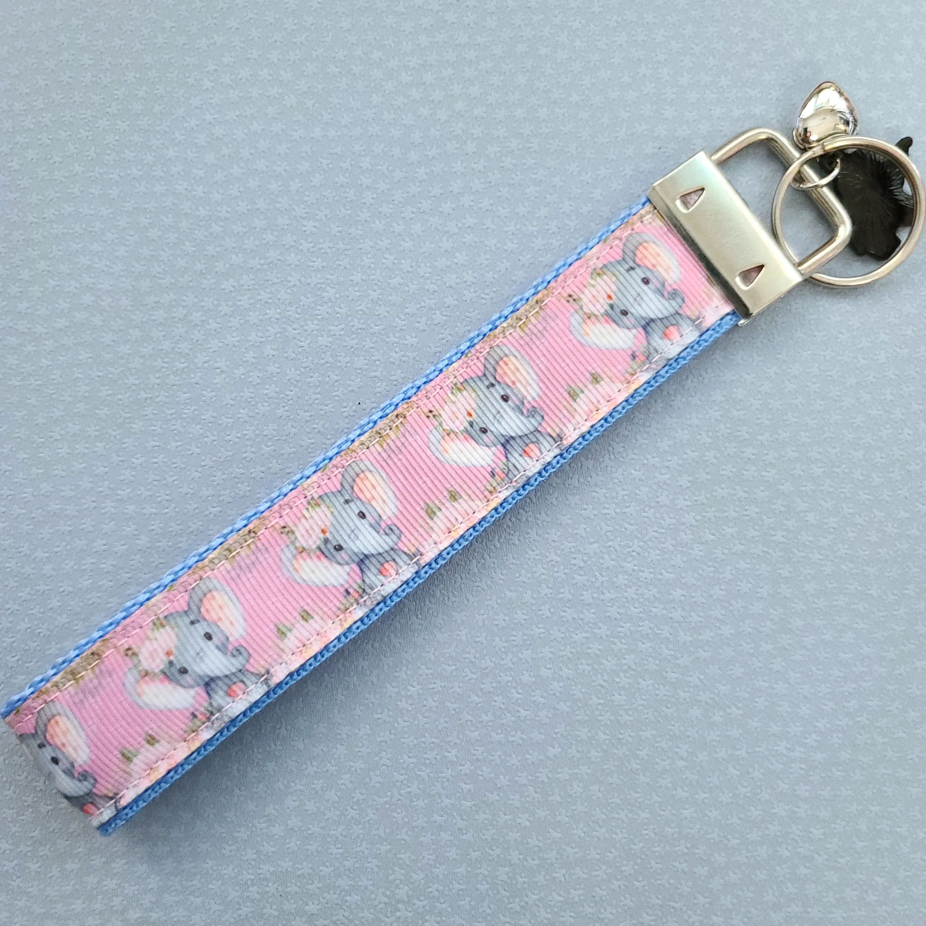 Elephants with Flowers in Watercolor on Silver Key Chain Fob with Enameled Elephant Charm