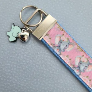Elephants with Flowers in Watercolor on Silver Key Chain Fob with Enameled Elephant Charm