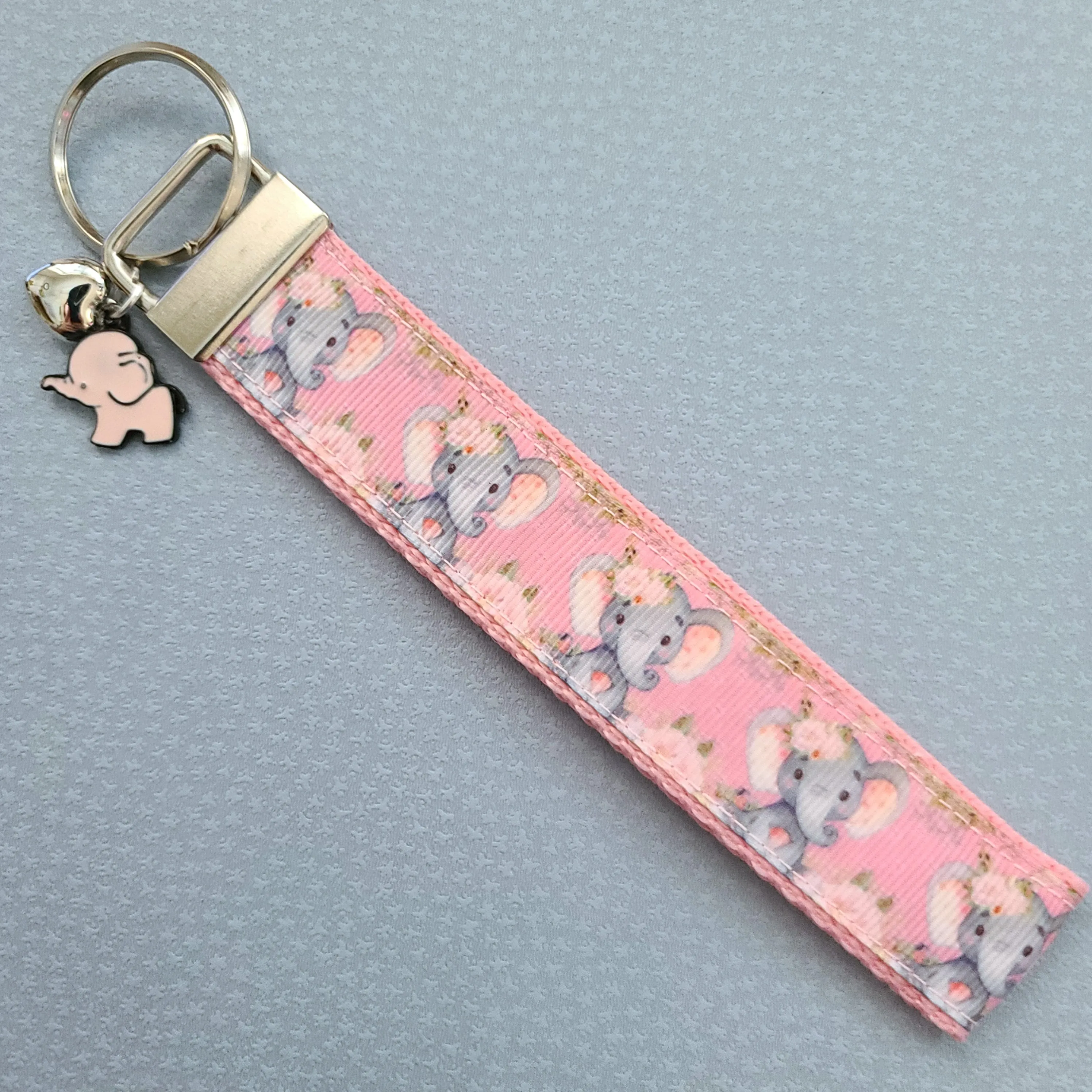 Elephants with Flowers in Watercolor on Silver Key Chain Fob with Enameled Elephant Charm