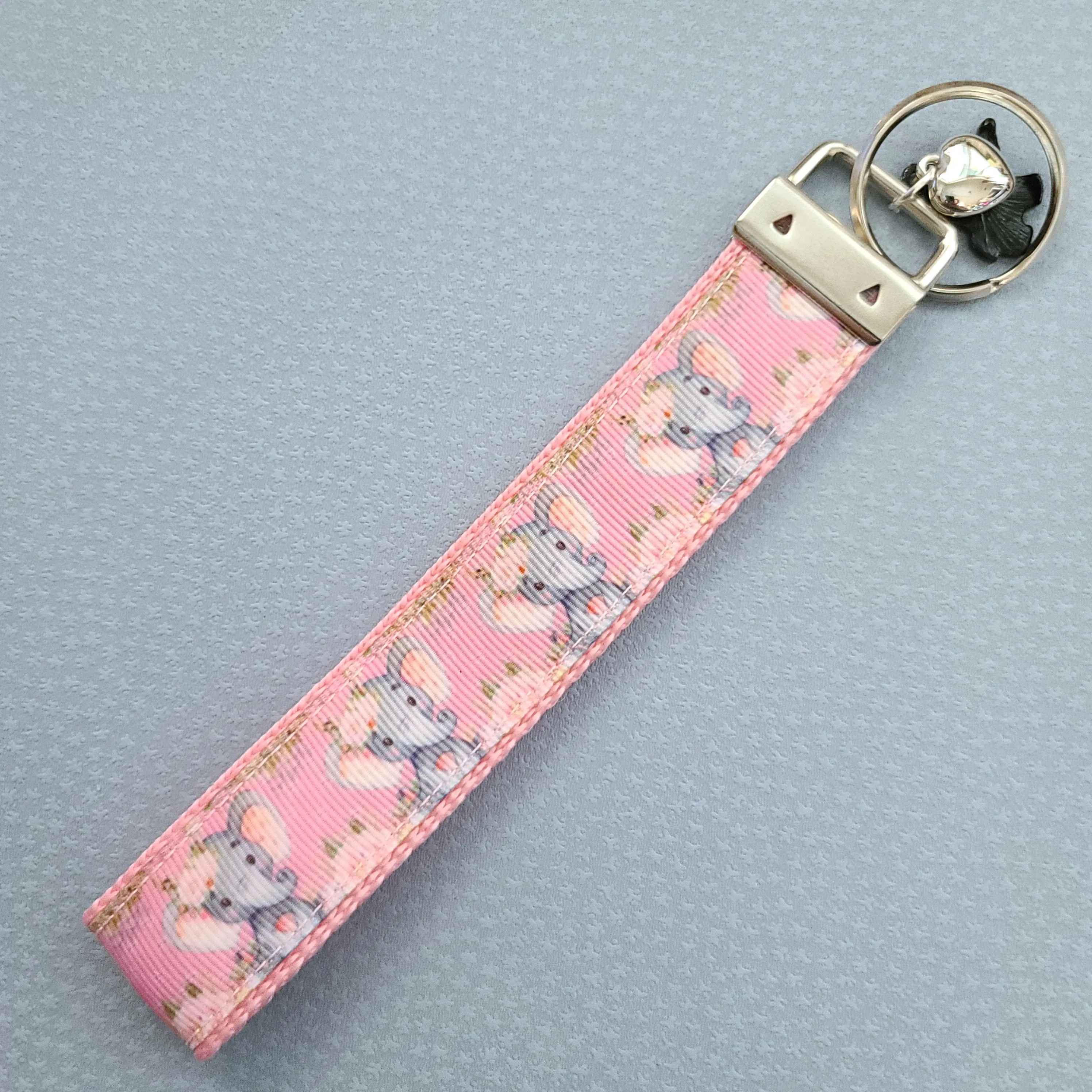 Elephants with Flowers in Watercolor on Silver Key Chain Fob with Enameled Elephant Charm