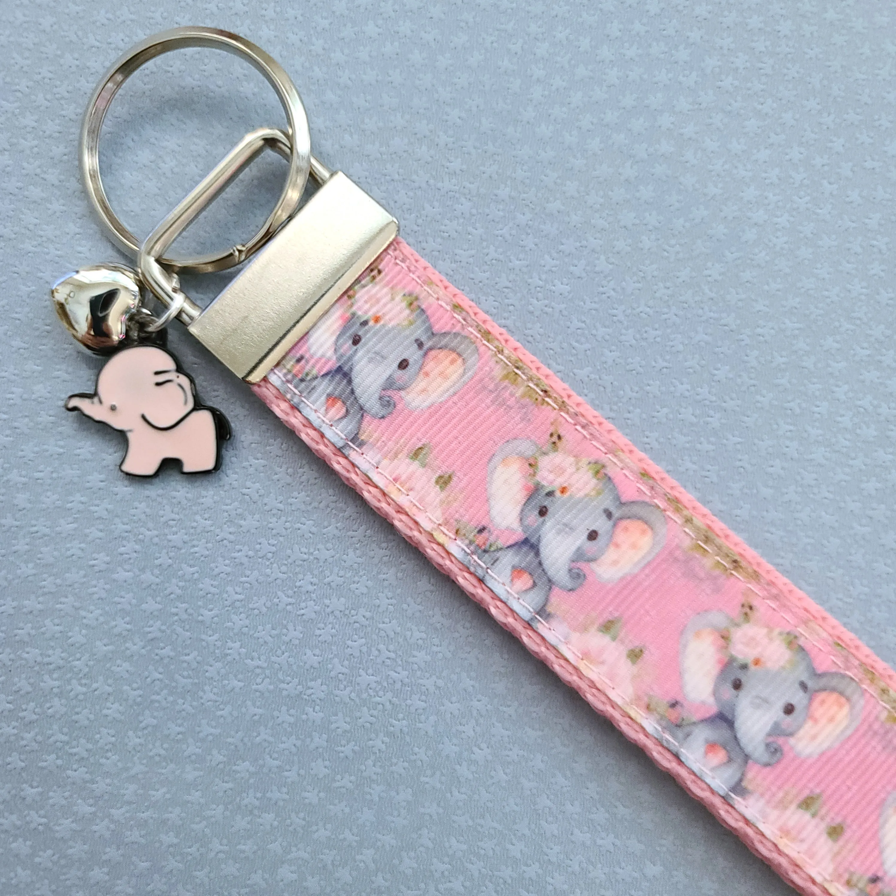 Elephants with Flowers in Watercolor on Silver Key Chain Fob with Enameled Elephant Charm
