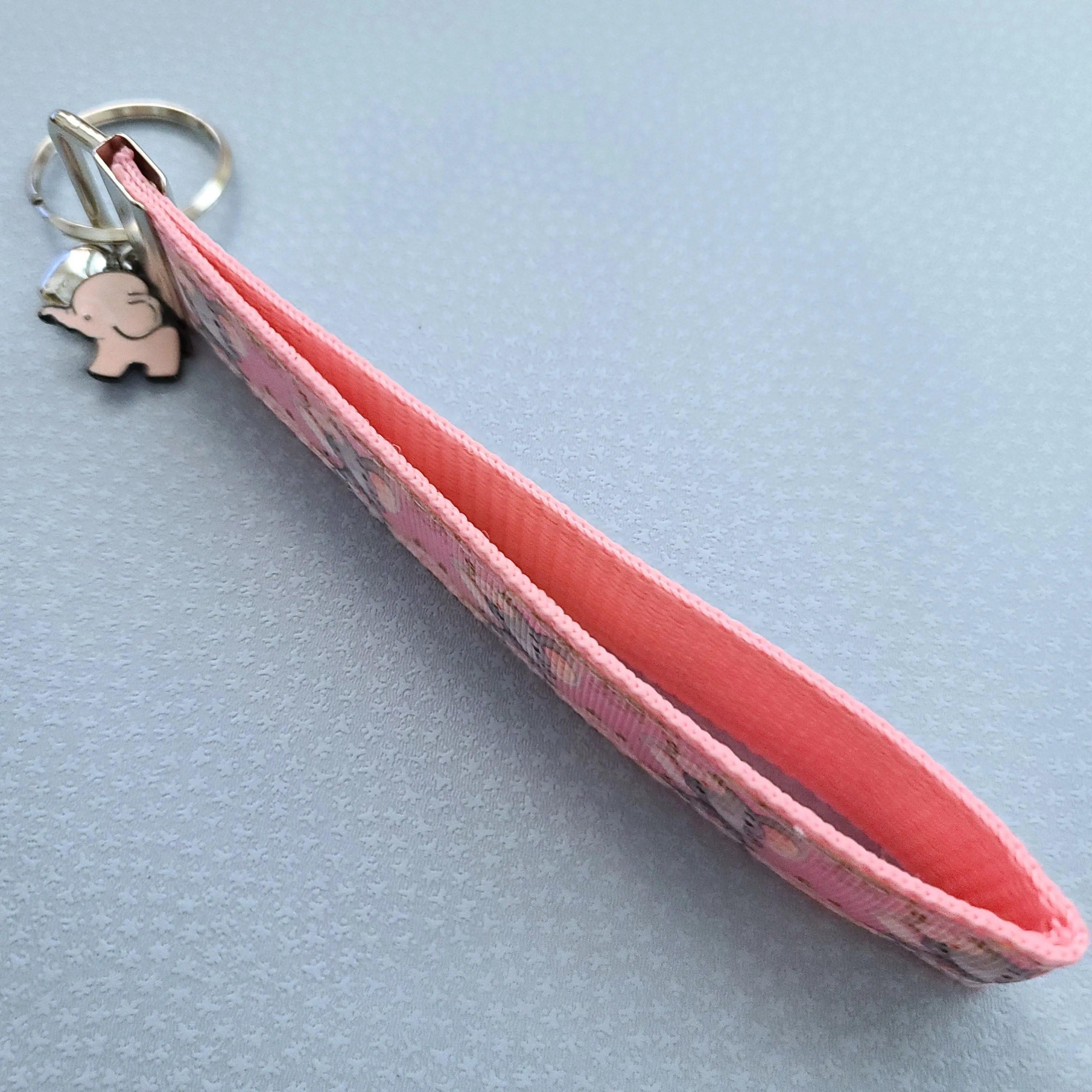 Elephants with Flowers in Watercolor on Silver Key Chain Fob with Enameled Elephant Charm