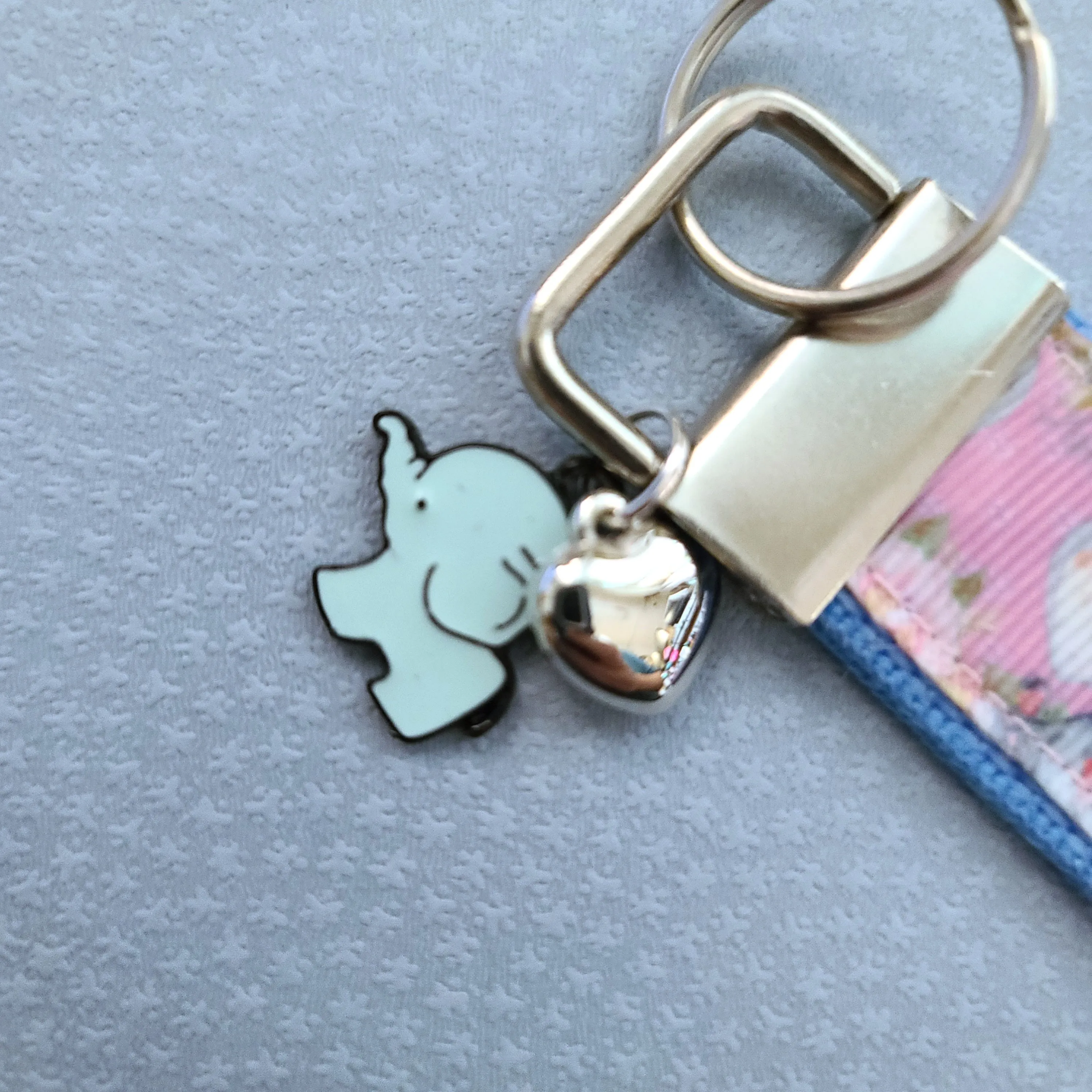 Elephants with Flowers in Watercolor on Silver Key Chain Fob with Enameled Elephant Charm