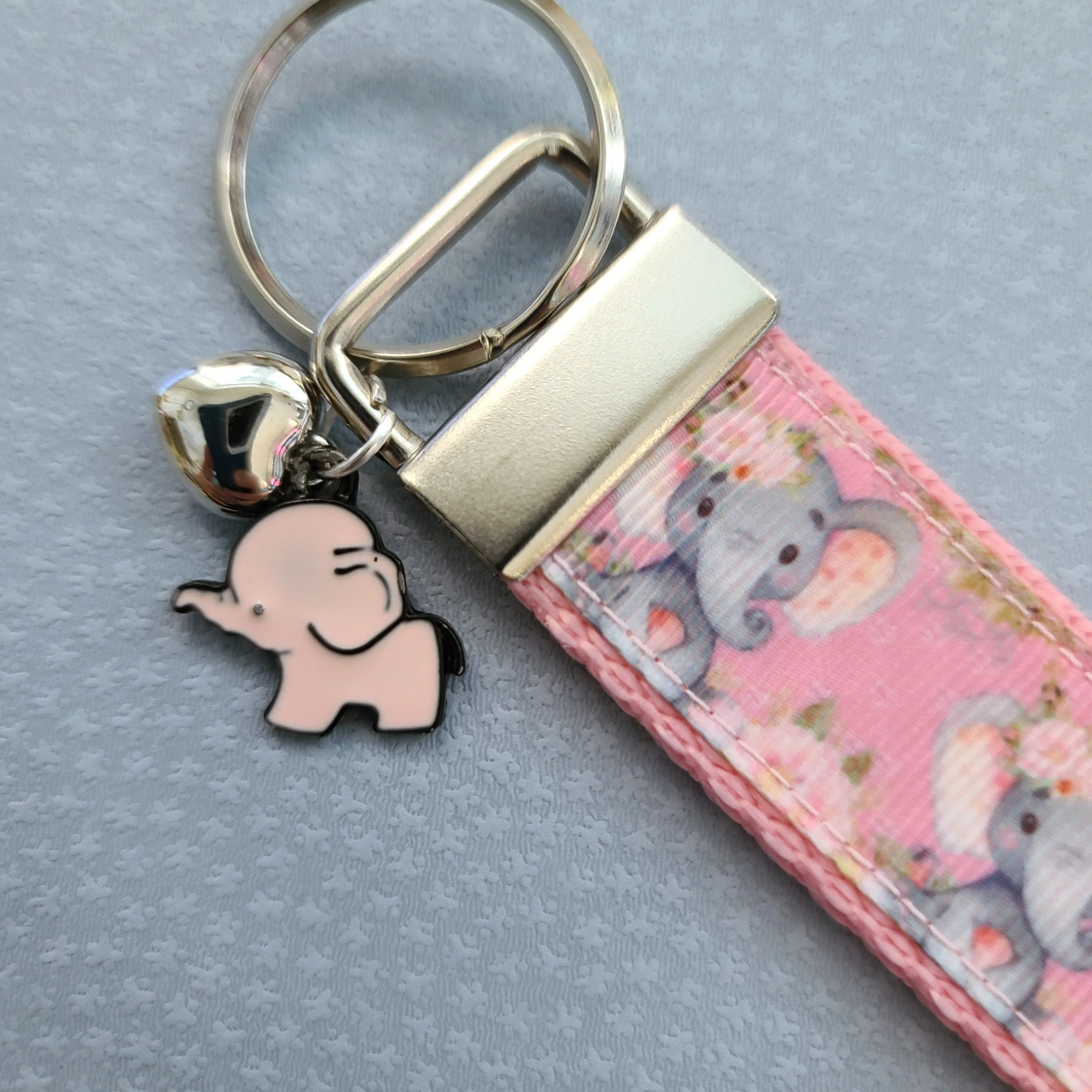 Elephants with Flowers in Watercolor on Silver Key Chain Fob with Enameled Elephant Charm