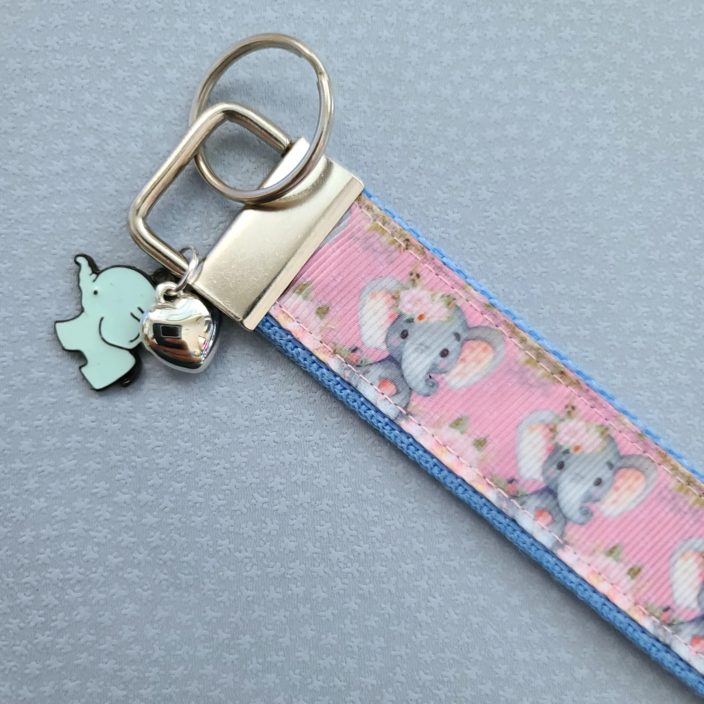 Elephants with Flowers in Watercolor on Silver Key Chain Fob with Enameled Elephant Charm