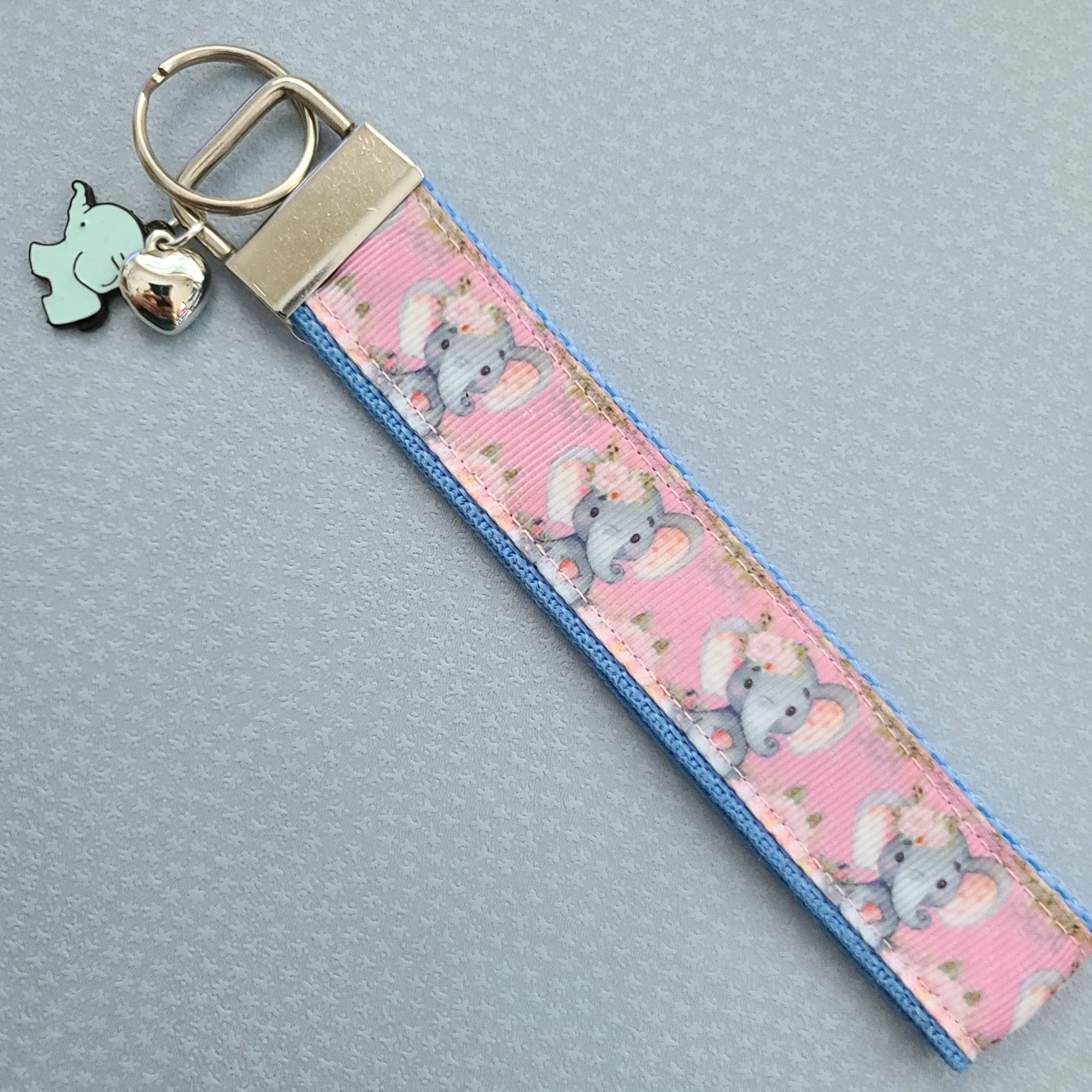 Elephants with Flowers in Watercolor on Silver Key Chain Fob with Enameled Elephant Charm