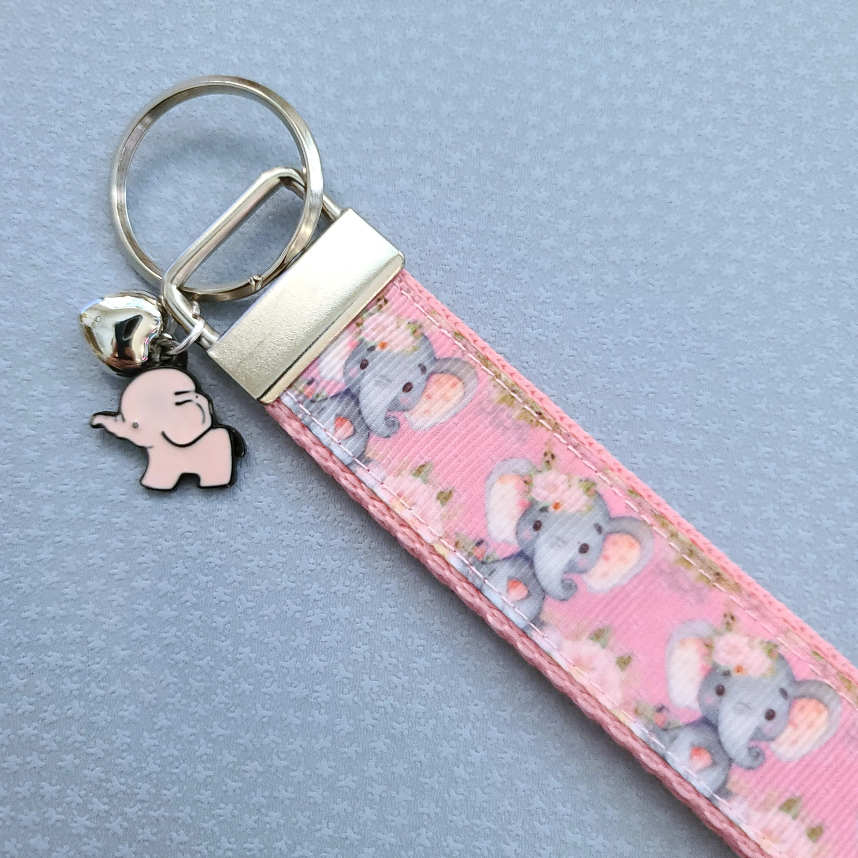 Elephants with Flowers in Watercolor on Silver Key Chain Fob with Enameled Elephant Charm
