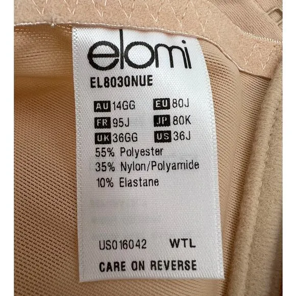 ELOMI Caitlyn 36J Full Coverage Side Support Underwire Bra Style 8030 Nude