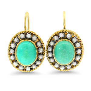 Estate 14k Yellow Gold Turquoise and Pearl Halo Drop Earrings