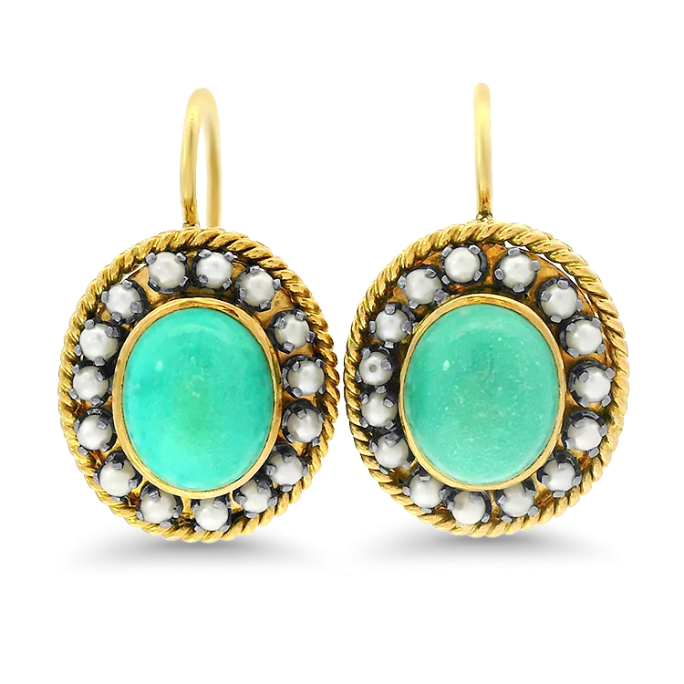 Estate 14k Yellow Gold Turquoise and Pearl Halo Drop Earrings