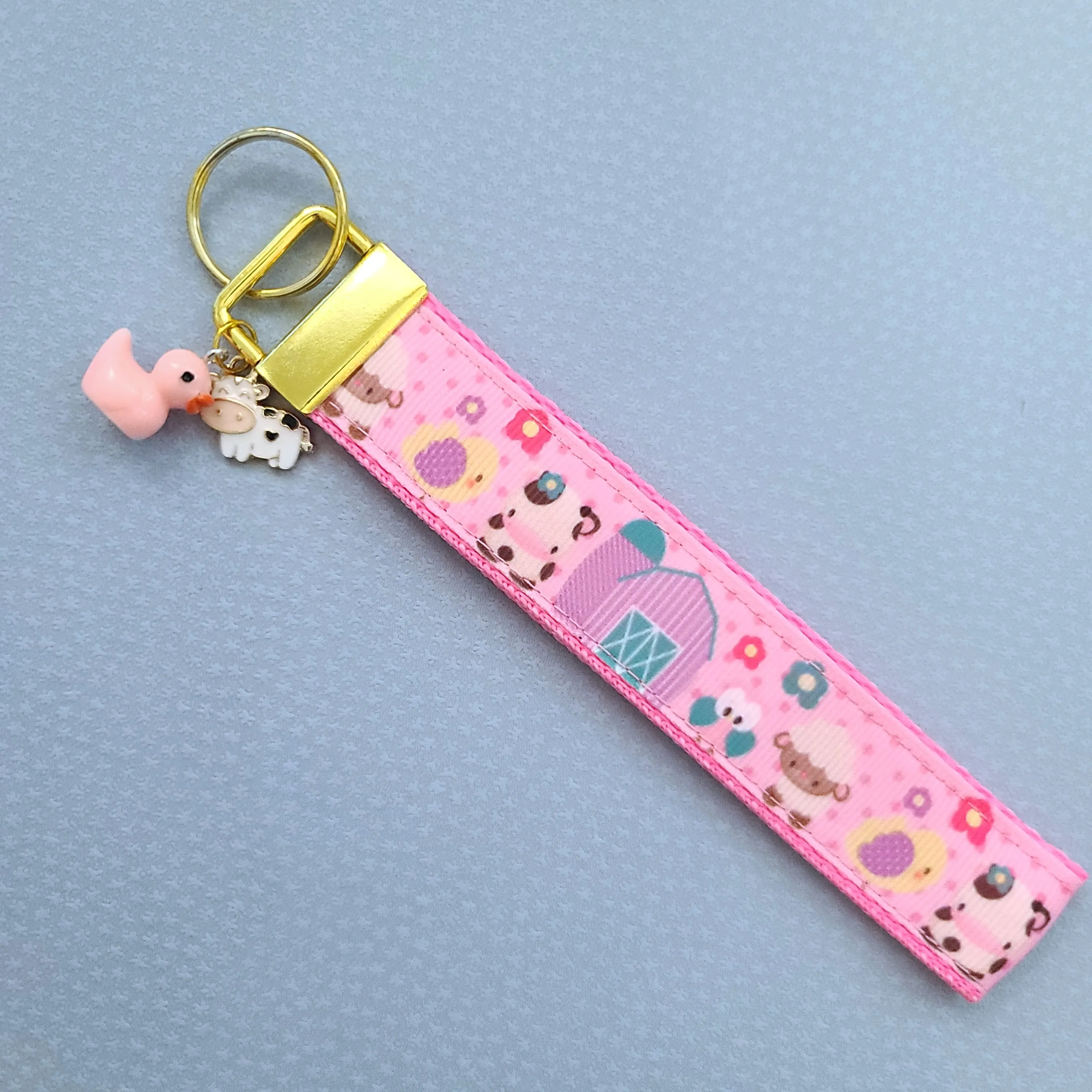 Farm Animals Cuteness Overload on Rose or Yellow Gold Key Chain Fob includes Duck and Cow Charm
