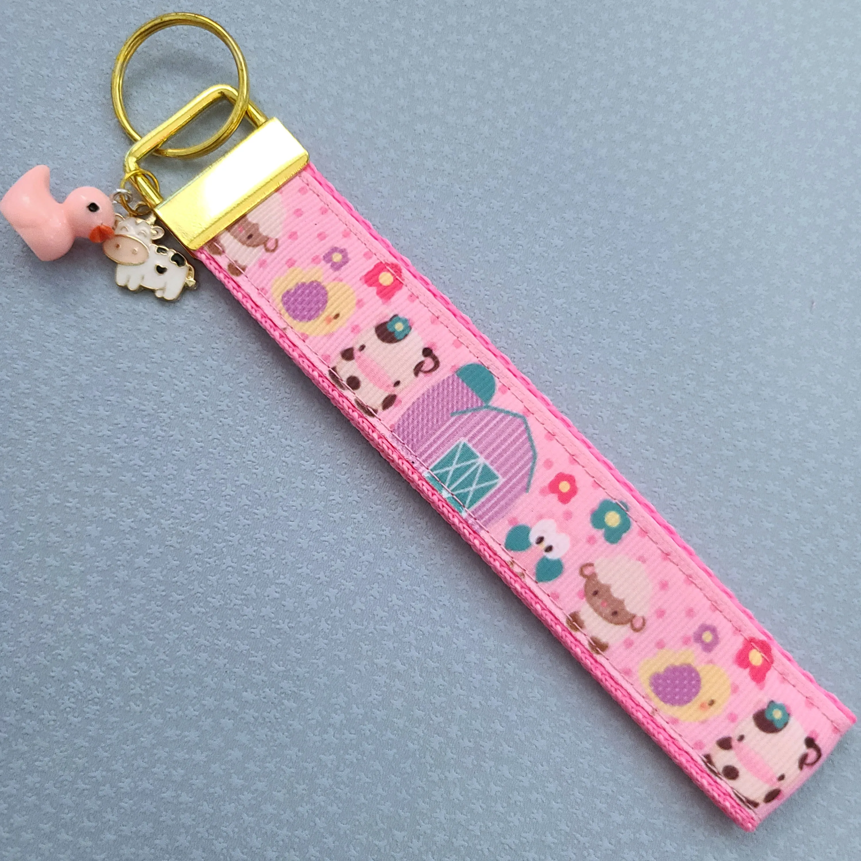 Farm Animals Cuteness Overload on Rose or Yellow Gold Key Chain Fob includes Duck and Cow Charm