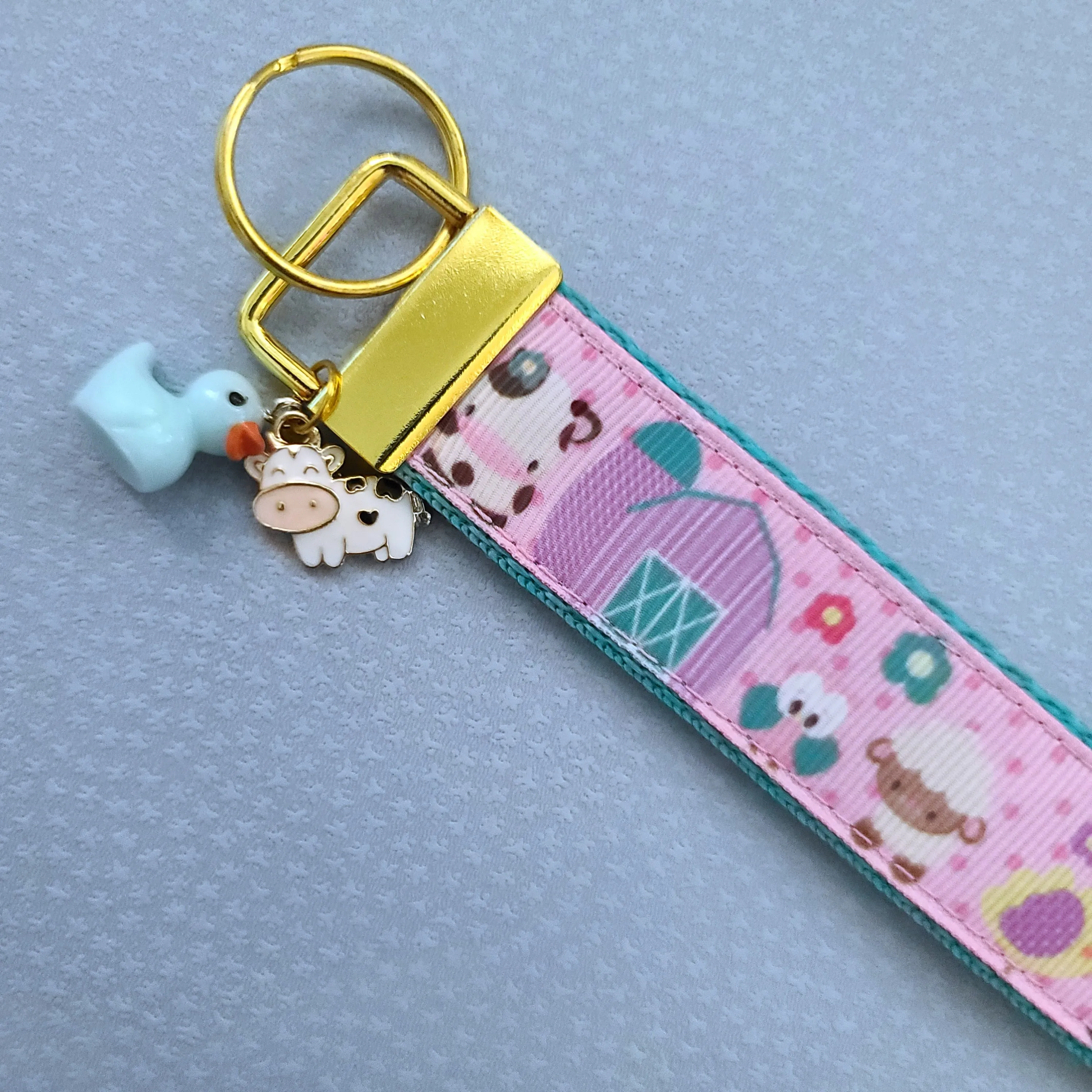 Farm Animals Cuteness Overload on Rose or Yellow Gold Key Chain Fob includes Duck and Cow Charm