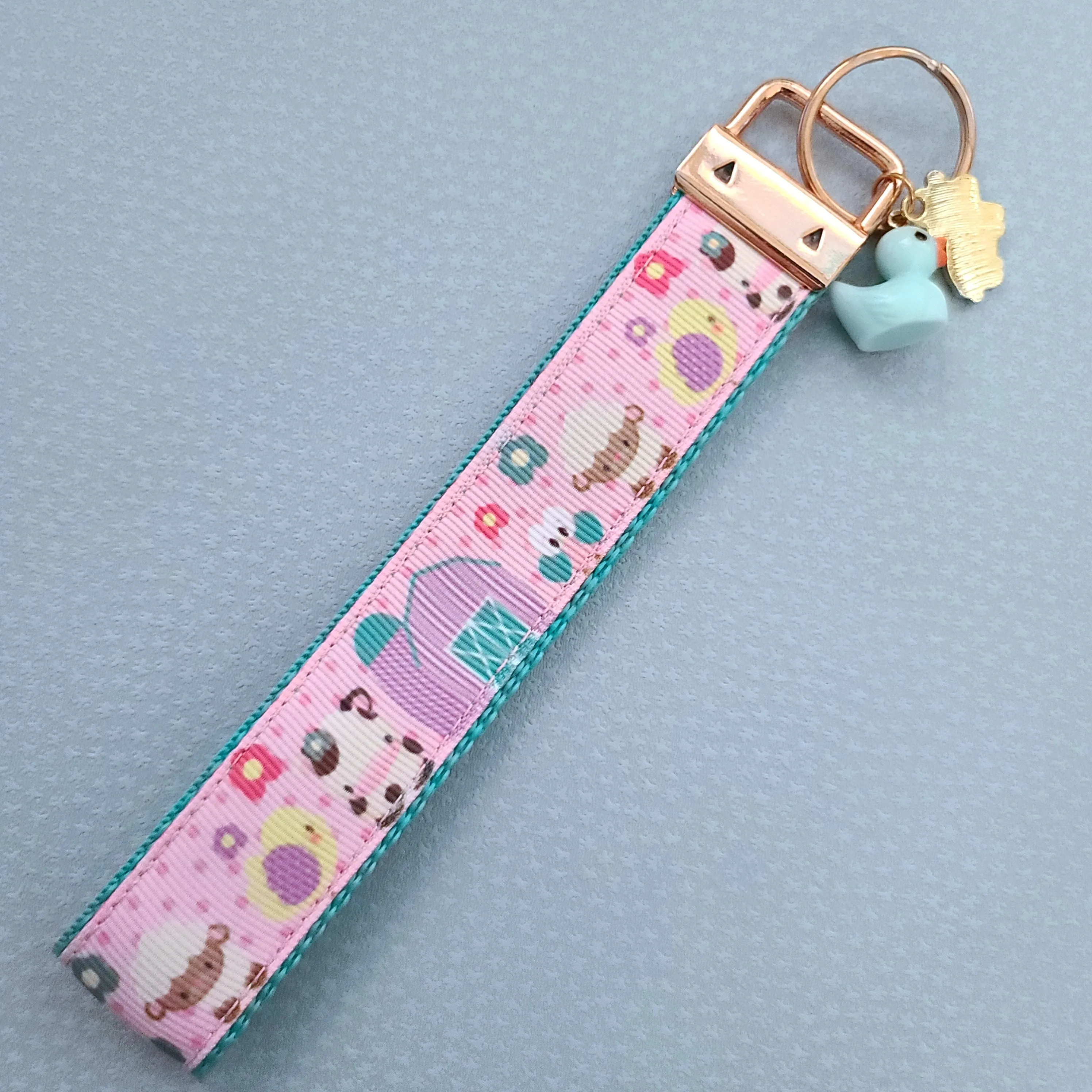 Farm Animals Cuteness Overload on Rose or Yellow Gold Key Chain Fob includes Duck and Cow Charm