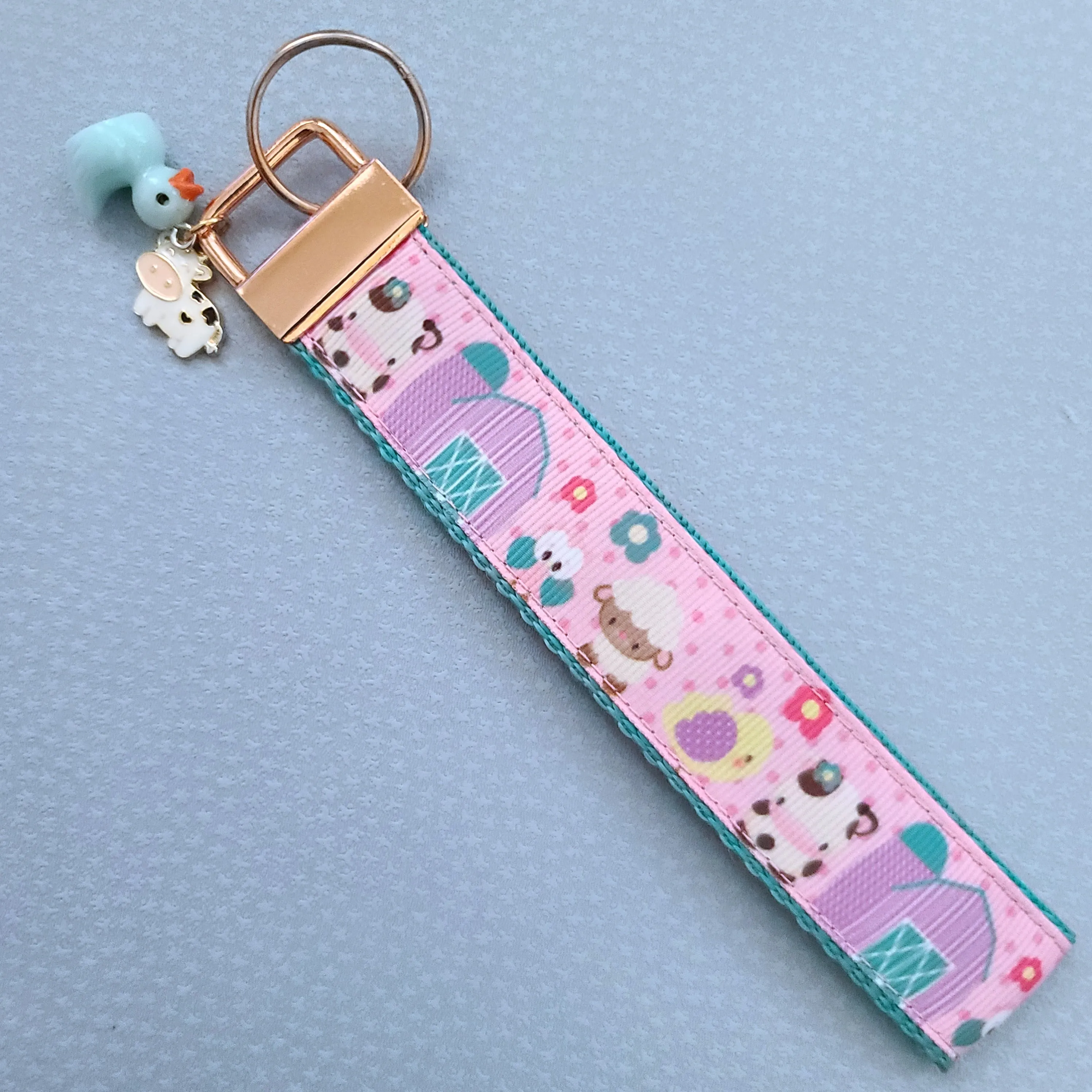 Farm Animals Cuteness Overload on Rose or Yellow Gold Key Chain Fob includes Duck and Cow Charm