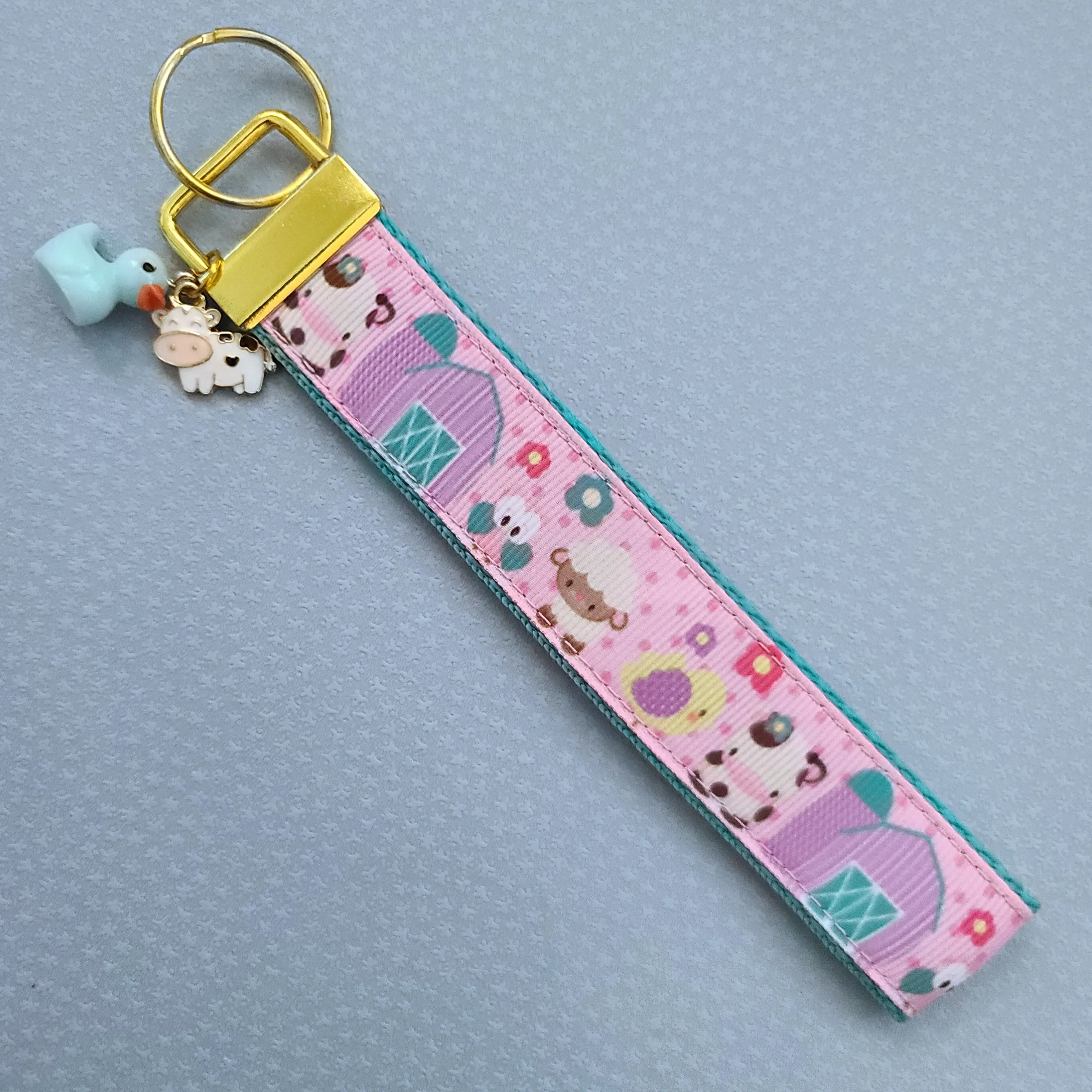 Farm Animals Cuteness Overload on Rose or Yellow Gold Key Chain Fob includes Duck and Cow Charm