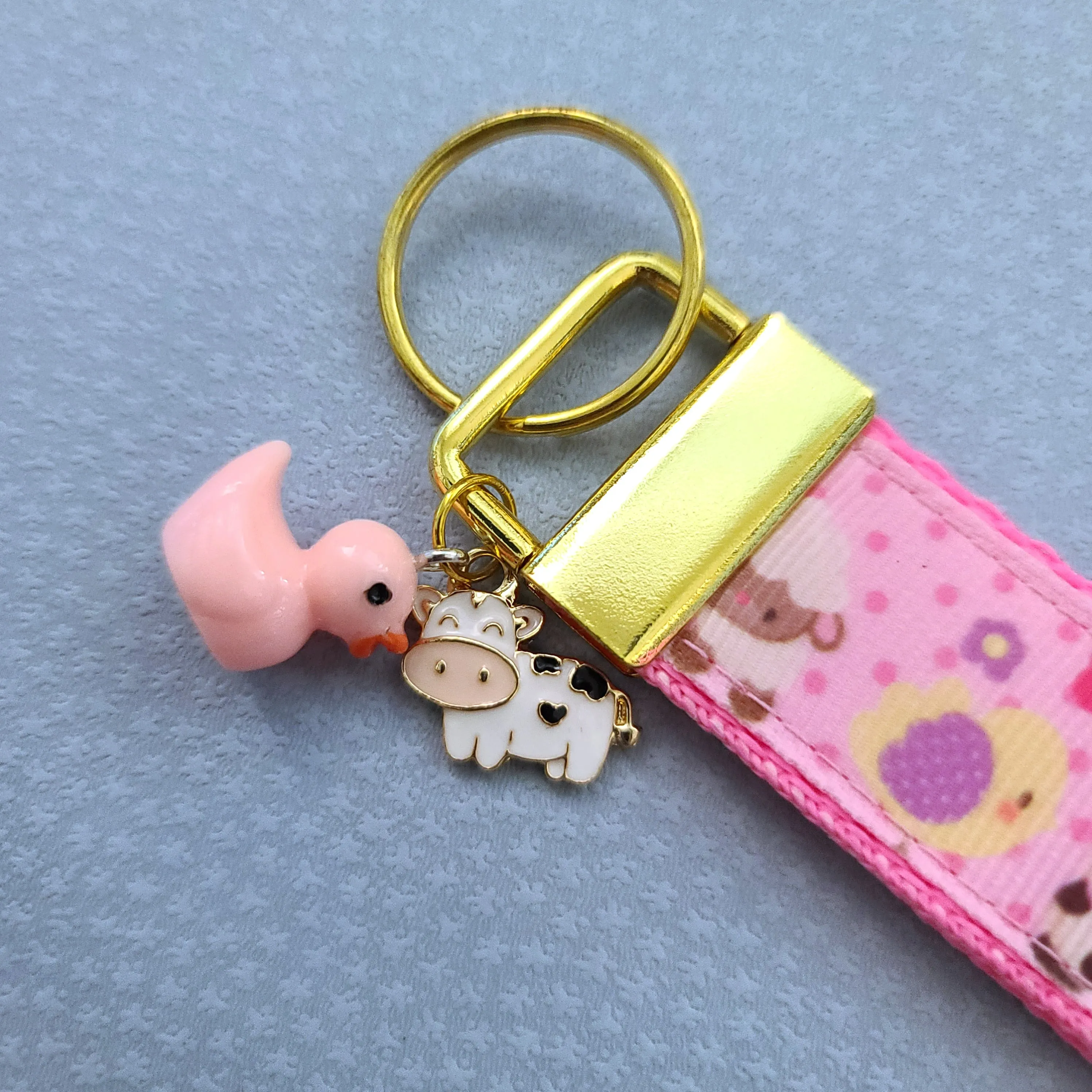 Farm Animals Cuteness Overload on Rose or Yellow Gold Key Chain Fob includes Duck and Cow Charm