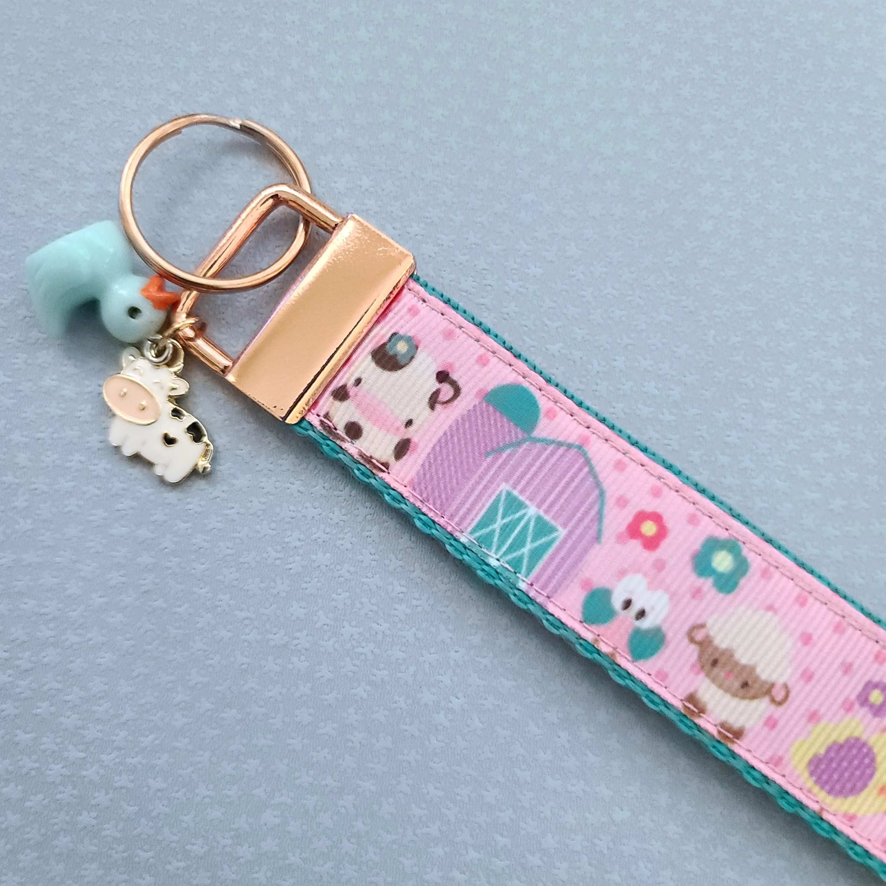 Farm Animals Cuteness Overload on Rose or Yellow Gold Key Chain Fob includes Duck and Cow Charm