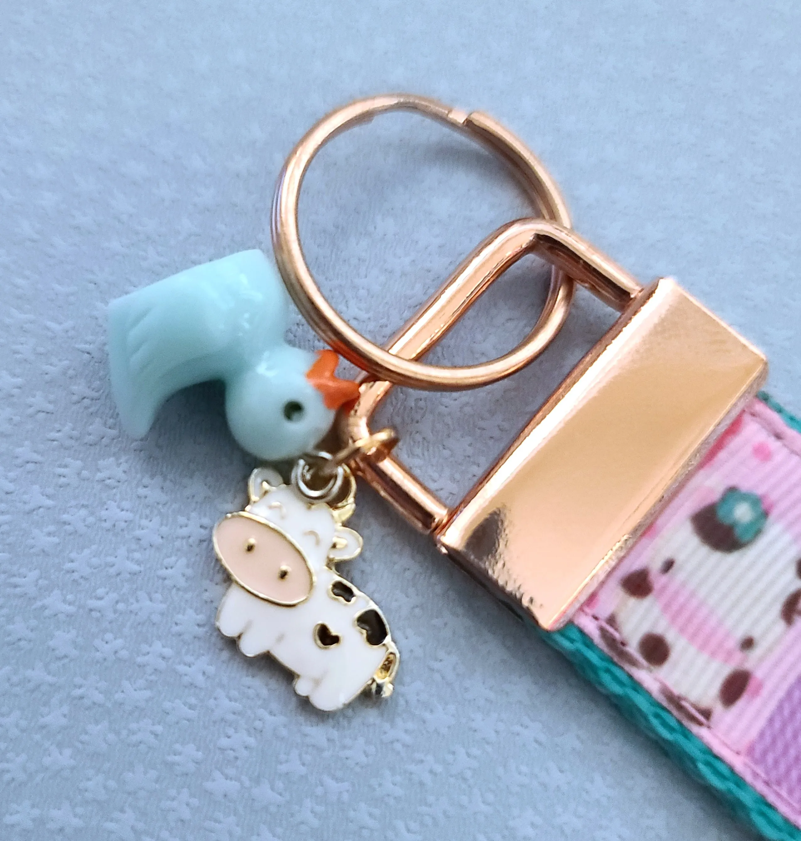 Farm Animals Cuteness Overload on Rose or Yellow Gold Key Chain Fob includes Duck and Cow Charm