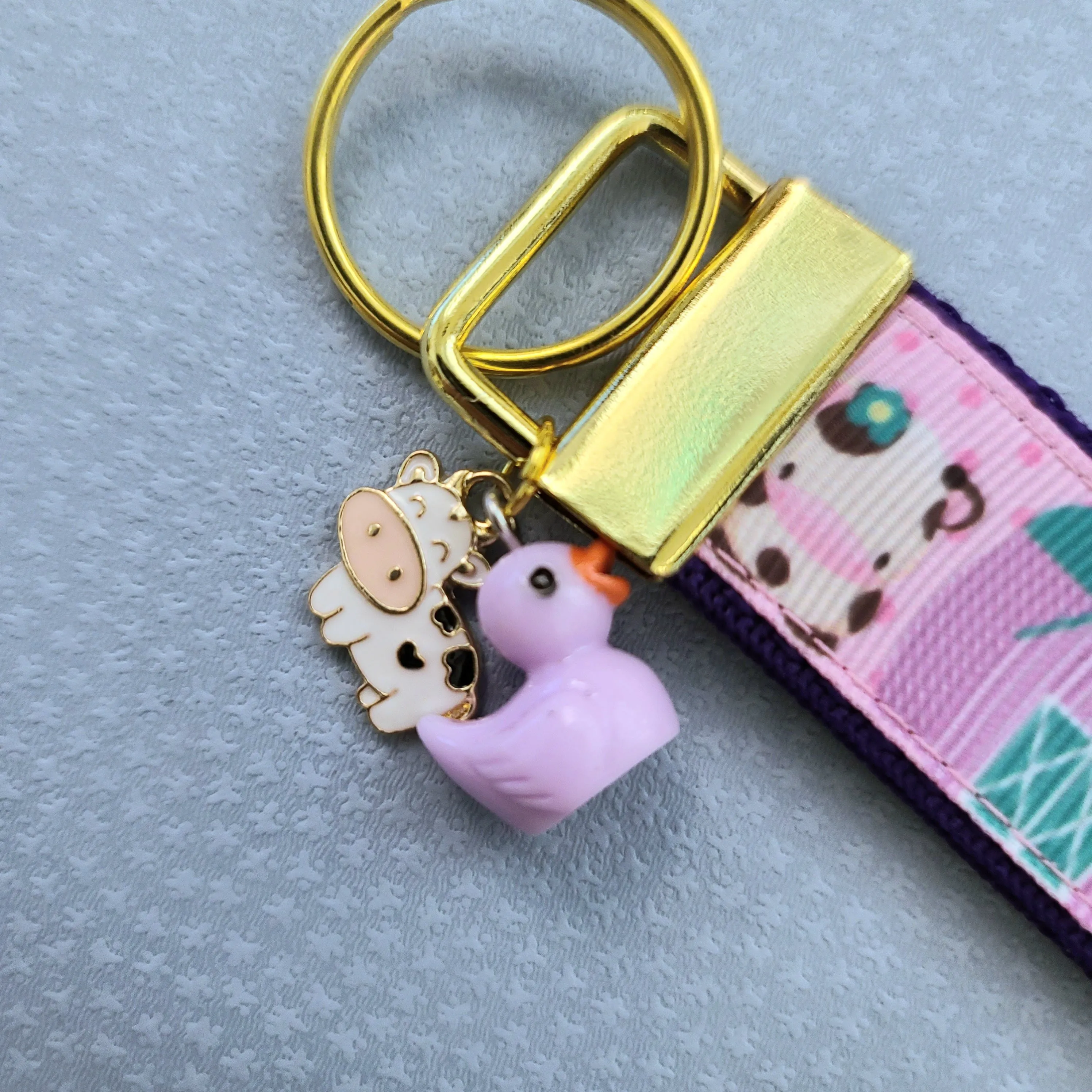 Farm Animals Cuteness Overload on Rose or Yellow Gold Key Chain Fob includes Duck and Cow Charm