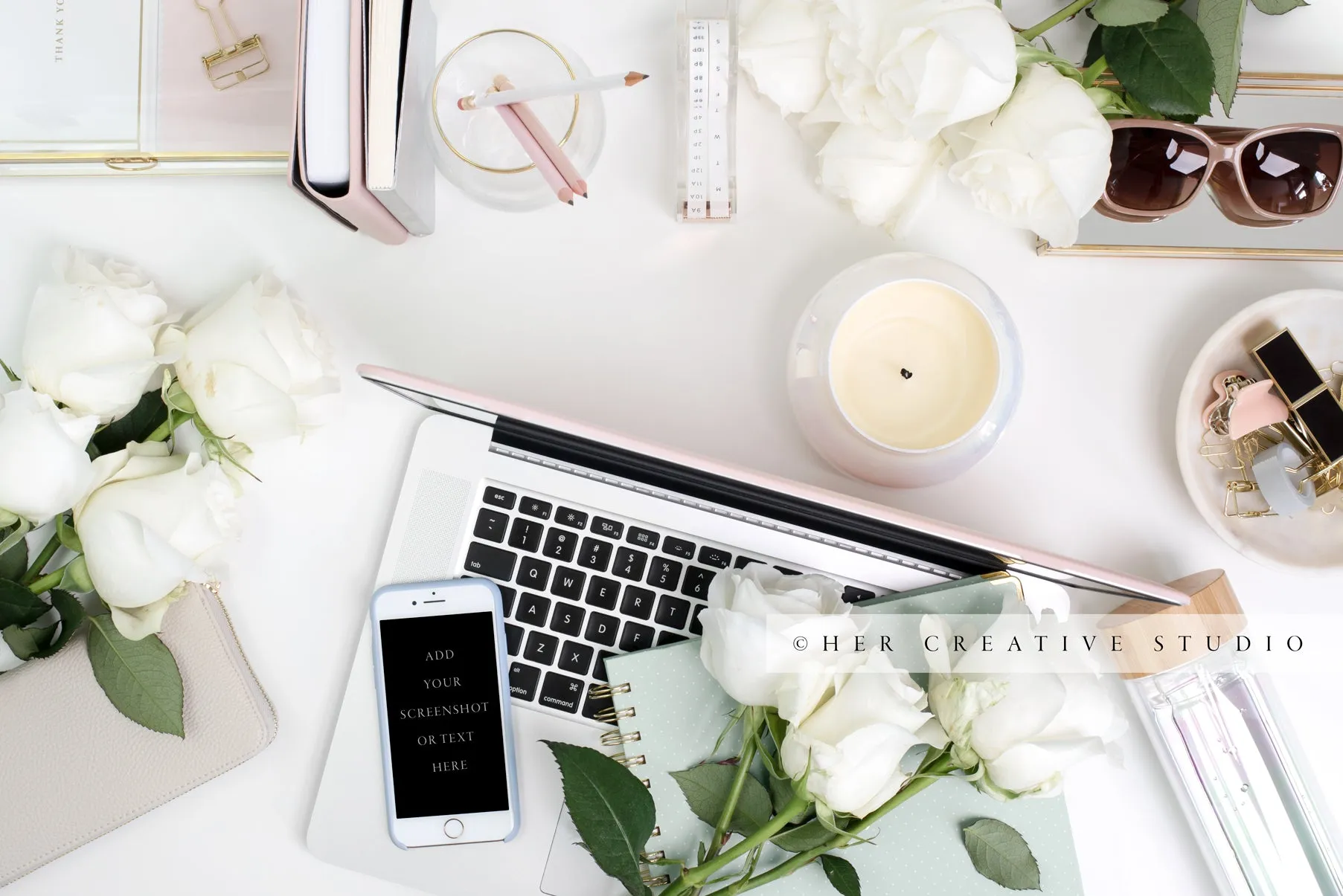 Feminine Workspace with Mint Green Notebook