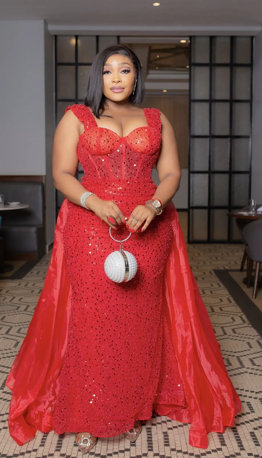 FINAL SALE! Regal Queen Luxe- Beaded Sequin Dress with DETACHABLE TRAIN (CLEARANCE OUTLET! Final Sale/No Return/No Exchange!)