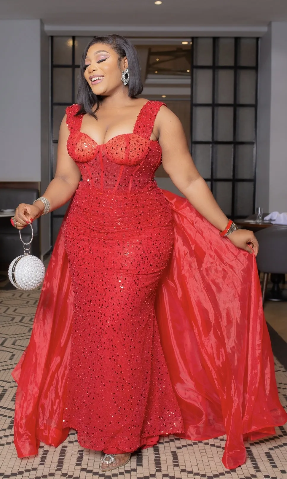FINAL SALE! Regal Queen Luxe- Beaded Sequin Dress with DETACHABLE TRAIN (CLEARANCE OUTLET! Final Sale/No Return/No Exchange!)