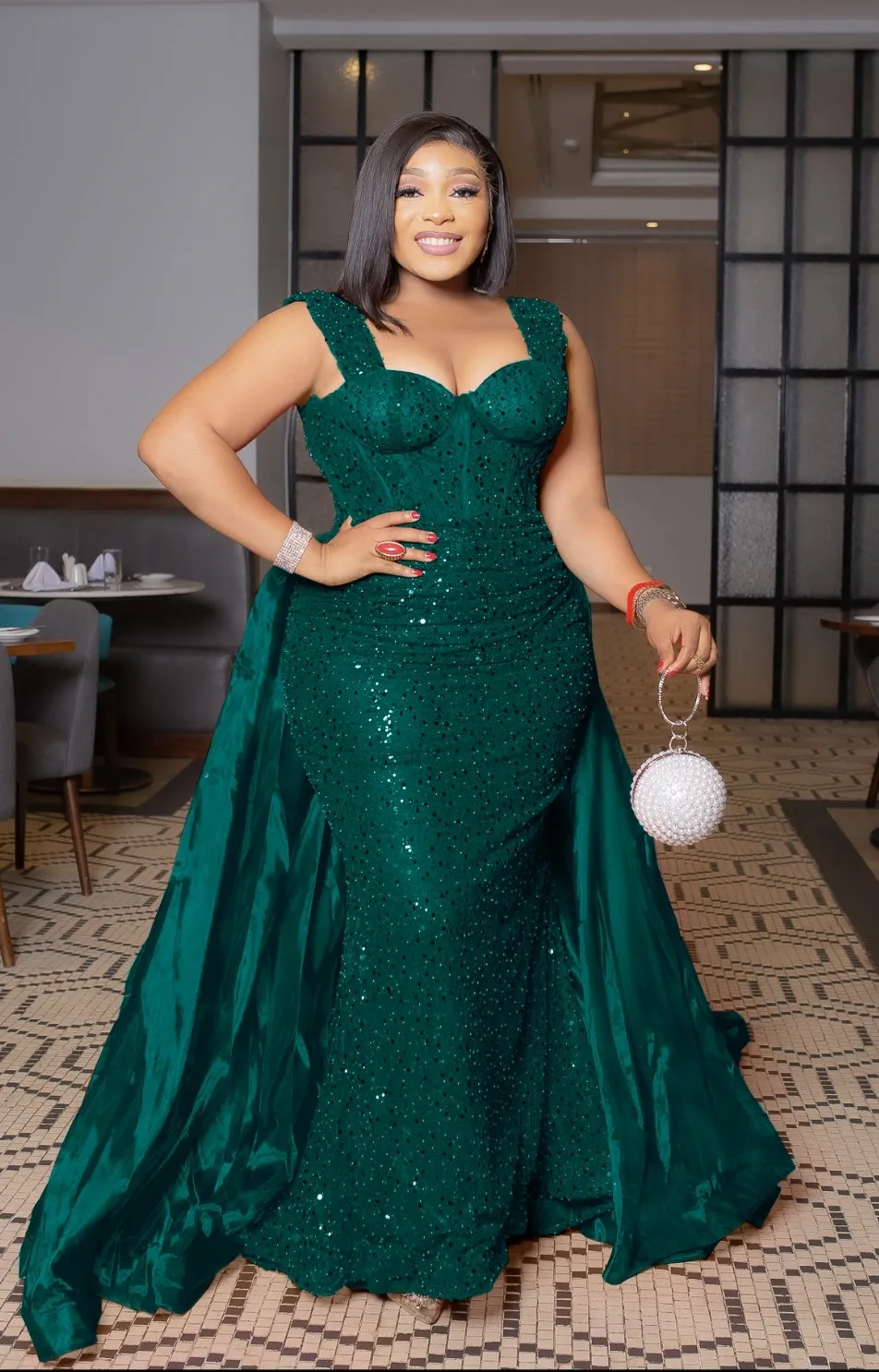 FINAL SALE! Regal Queen Luxe- Beaded Sequin Dress with DETACHABLE TRAIN (CLEARANCE OUTLET! Final Sale/No Return/No Exchange!)