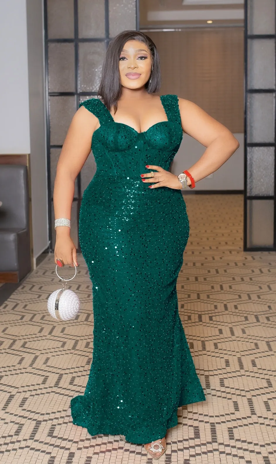 FINAL SALE! Regal Queen Luxe- Beaded Sequin Dress with DETACHABLE TRAIN (CLEARANCE OUTLET! Final Sale/No Return/No Exchange!)