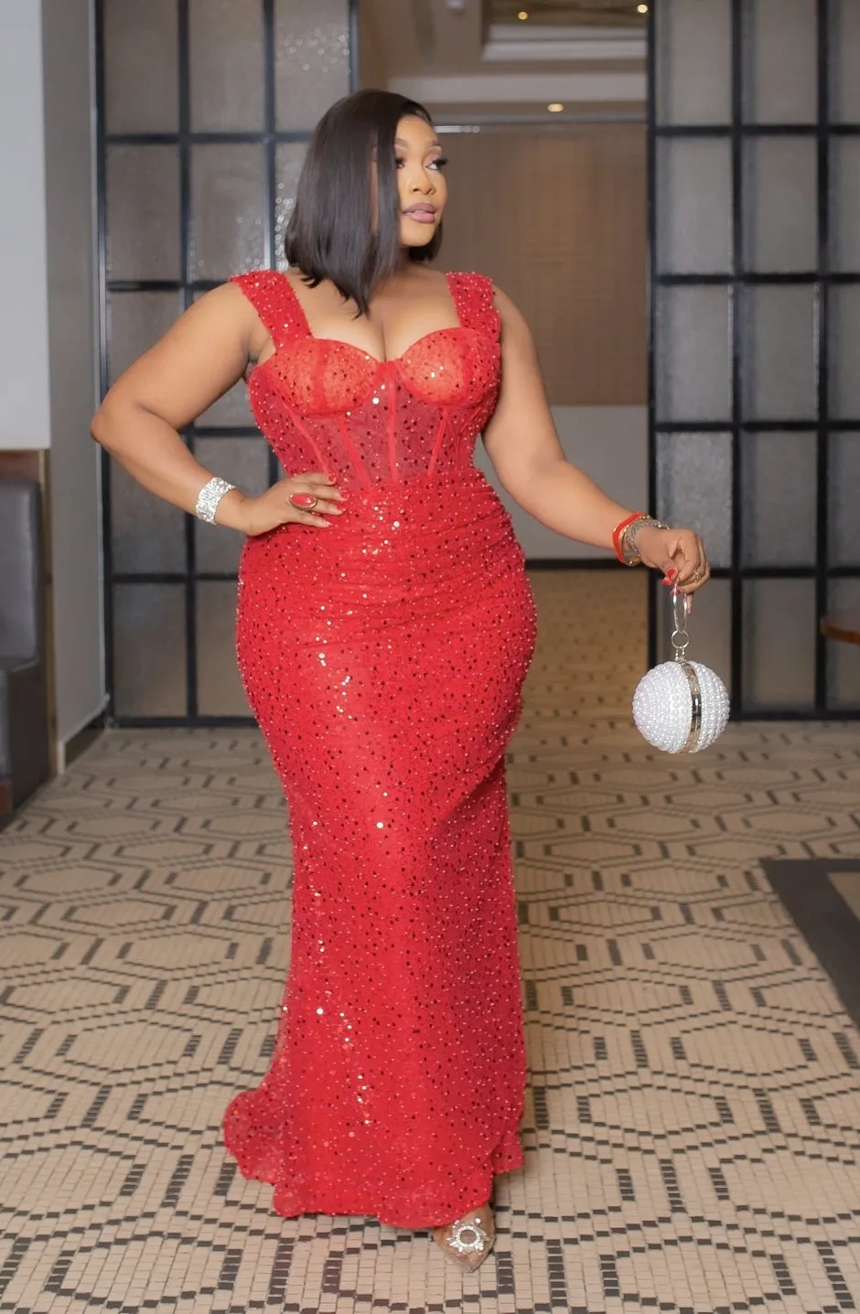 FINAL SALE! Regal Queen Luxe- Beaded Sequin Dress with DETACHABLE TRAIN (CLEARANCE OUTLET! Final Sale/No Return/No Exchange!)