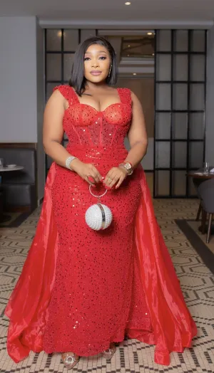 FINAL SALE! Regal Queen Luxe- Beaded Sequin Dress with DETACHABLE TRAIN (CLEARANCE OUTLET! Final Sale/No Return/No Exchange!)