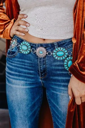 Floral turquoise & silver concho link belt - one size