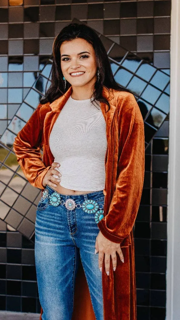 Floral turquoise & silver concho link belt - one size