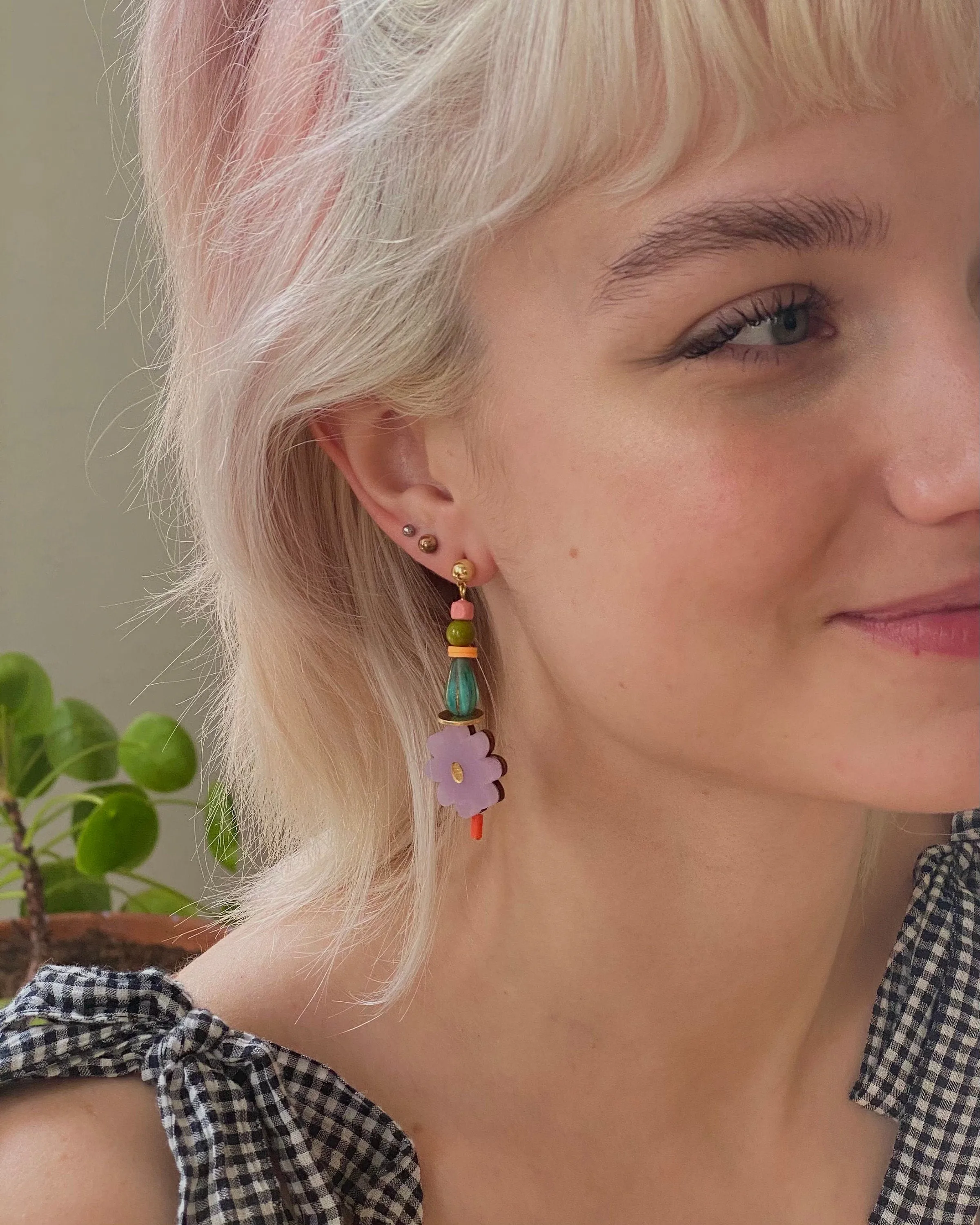 Flower beaded statement earrings, Mis-matched earrings, colorful dangle earrings, acrylic jewelry, multicolor, gift for her