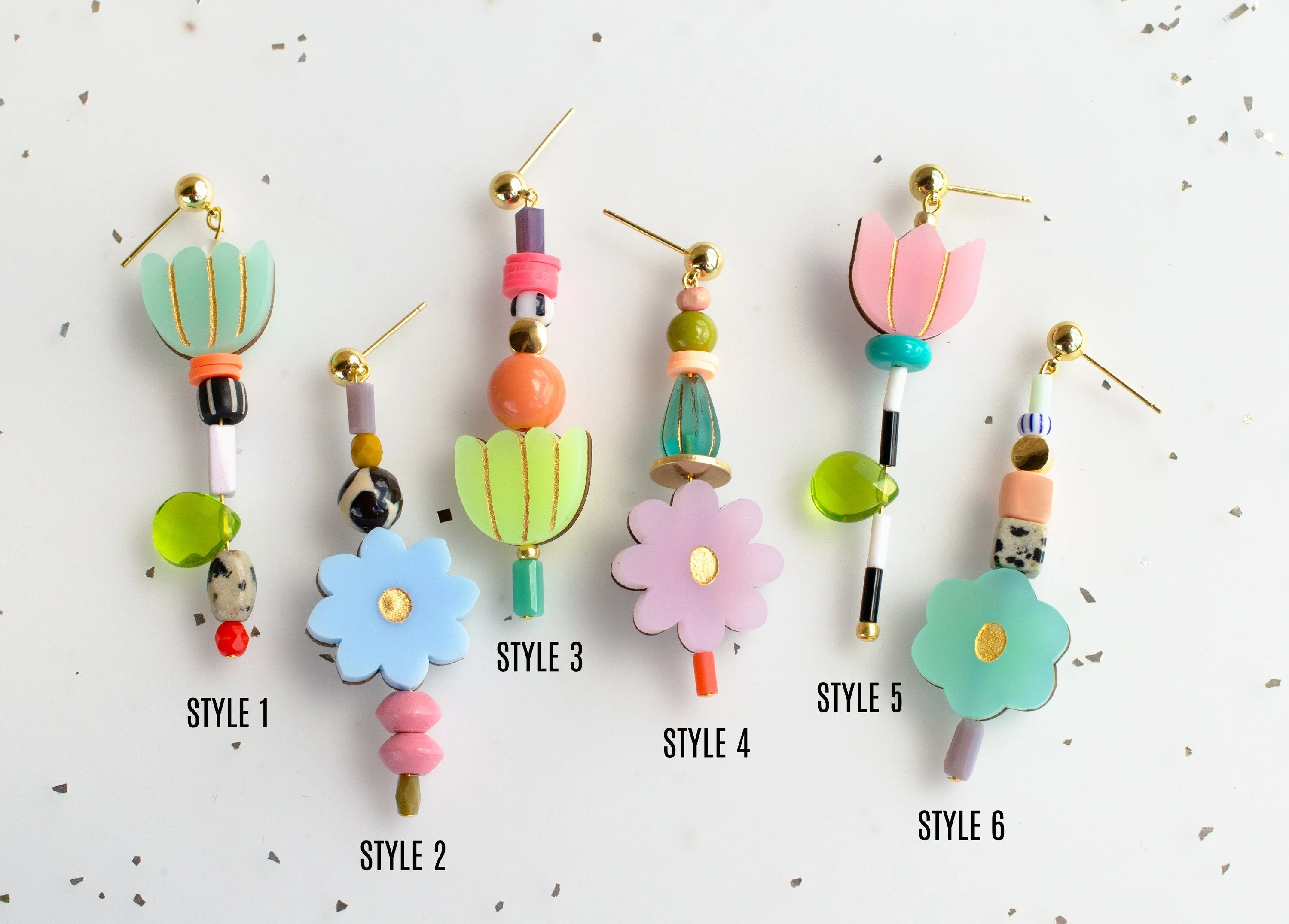 Flower beaded statement earrings, mix and match earrings, colorful dangle earrings, acrylic jewelry, multicolor, gift for her