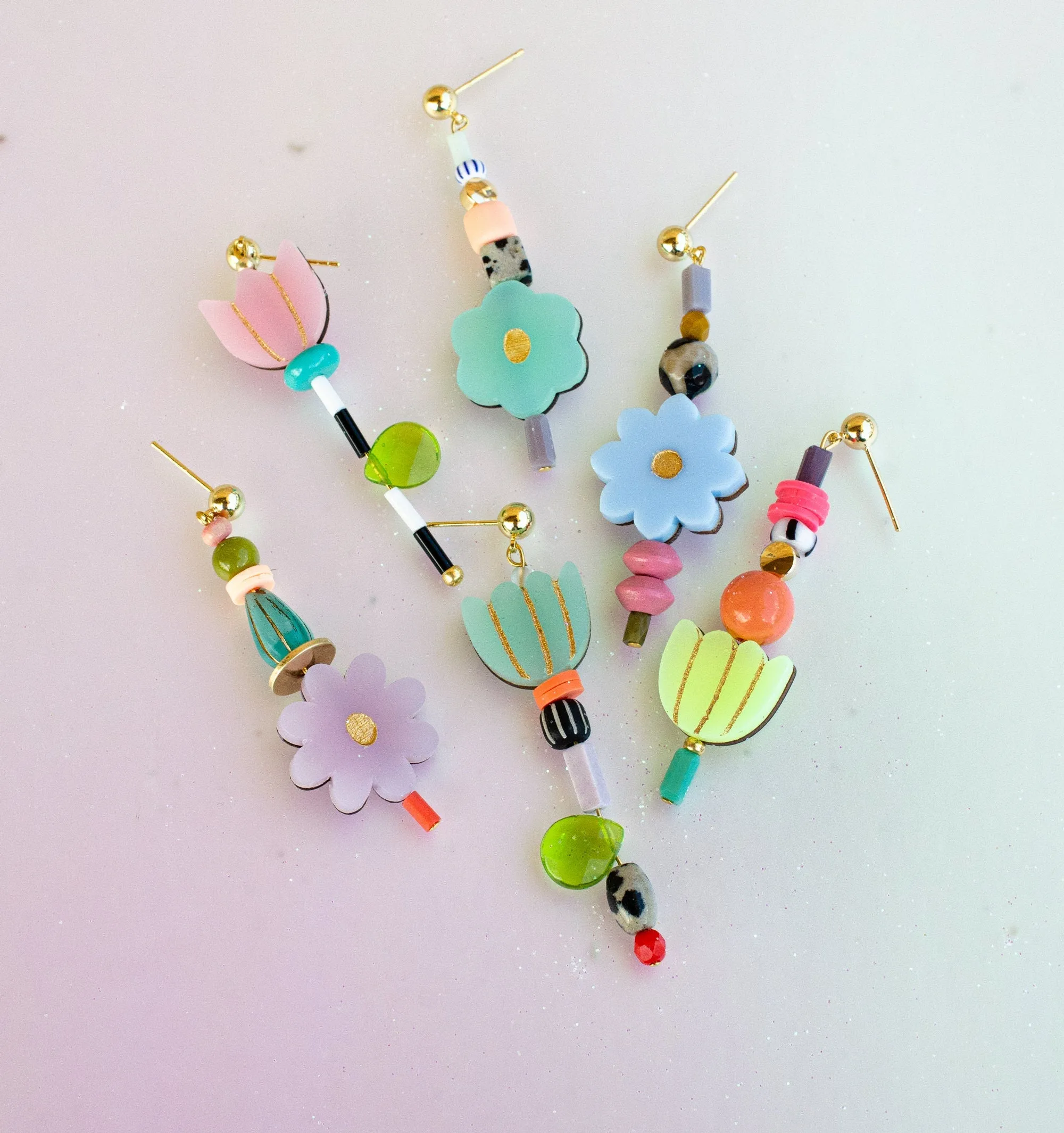 Flower beaded statement earrings, mix and match earrings, colorful dangle earrings, acrylic jewelry, multicolor, gift for her