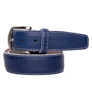 French Pebble Grain Custom Belt in New Blue w/ White Edge & Stitch